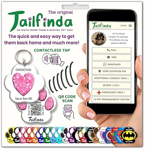 Tailfinda Placa de identificación para gatos o perros sin contacto, etiquetas ligeras de identificación para perros y mascotas, escanea el código QR
