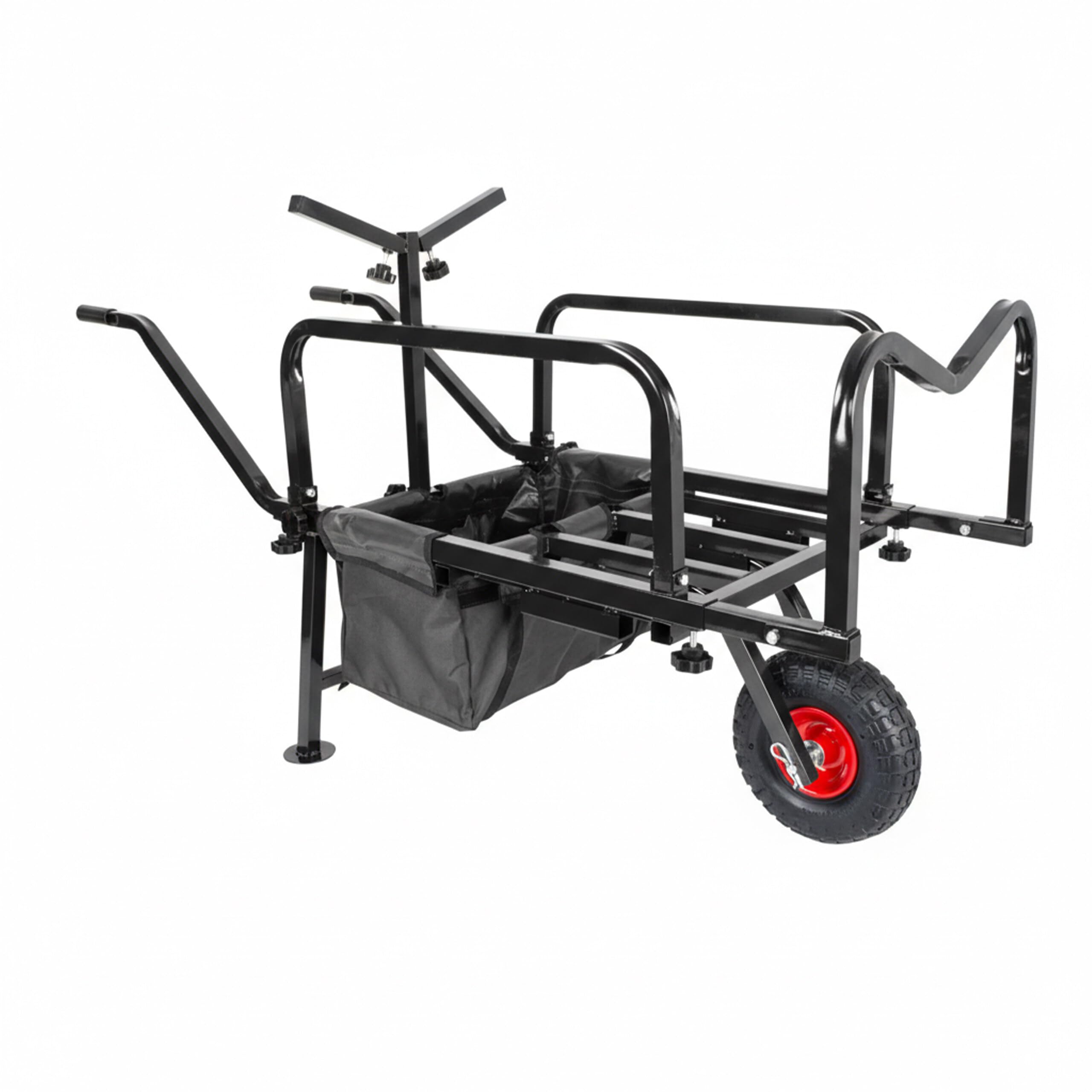 Relaxdays Angelwagen Transportwagen, Lastenkarre mit Tasche, HBT: 65x145x55 cm, verstellbar & klappbar, Stahl, schwarz