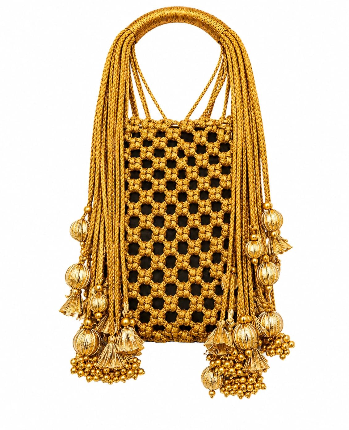 zirellia Handmade Golden Macrame Potli Bag for Women | Ethnic Wedding Clutch Purse with Tassel & Pearl Detailing | Traditional Handbag for Saree, Lehenga & Festive Look-picture-44