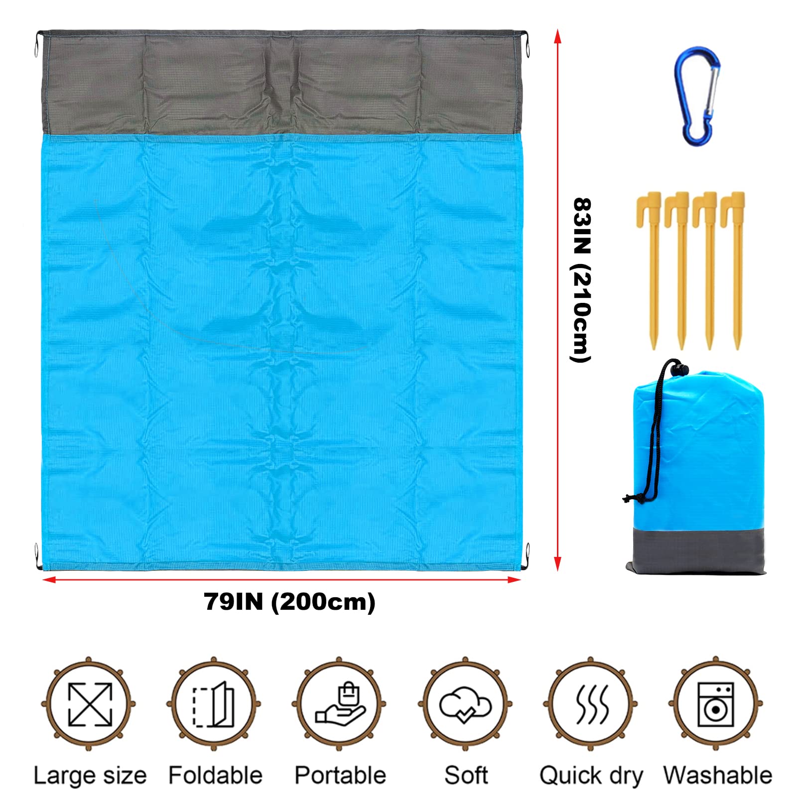 Telo Spiaggia 200x210cm Antisabbia - Impermeabile, Leggero, Per Picnic, Campeggio, Arancione/Bianco/Blu - Foto 5