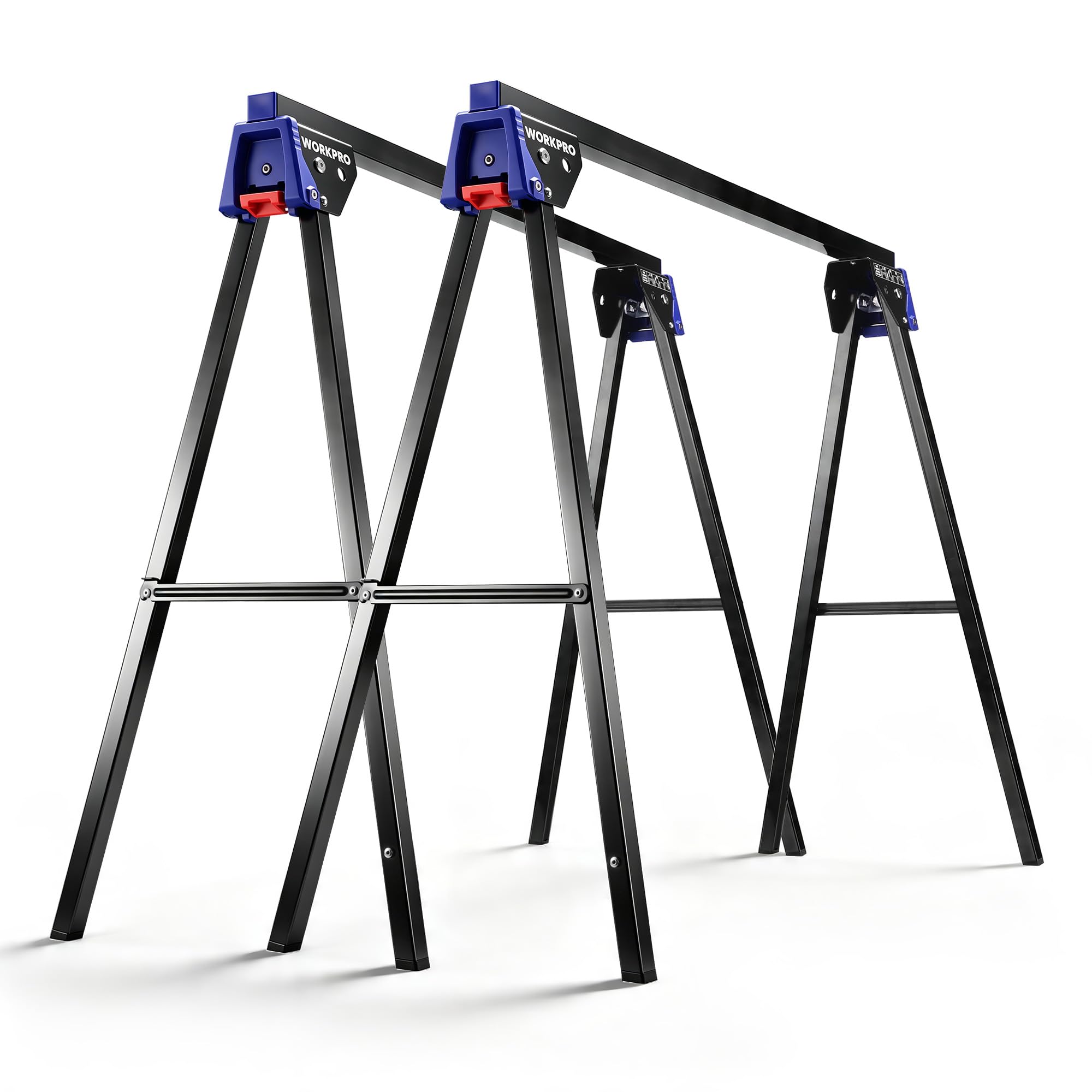 WORKPRO Folding Saw Horses 2 Pack, Heavy Duty Metal Sawhorse Supports 1800 lbs per Pair, Portable Foldable Work Stand with Lock &amp; Carry Design for Woodworking, Garage, Workshop &amp; Jobsite