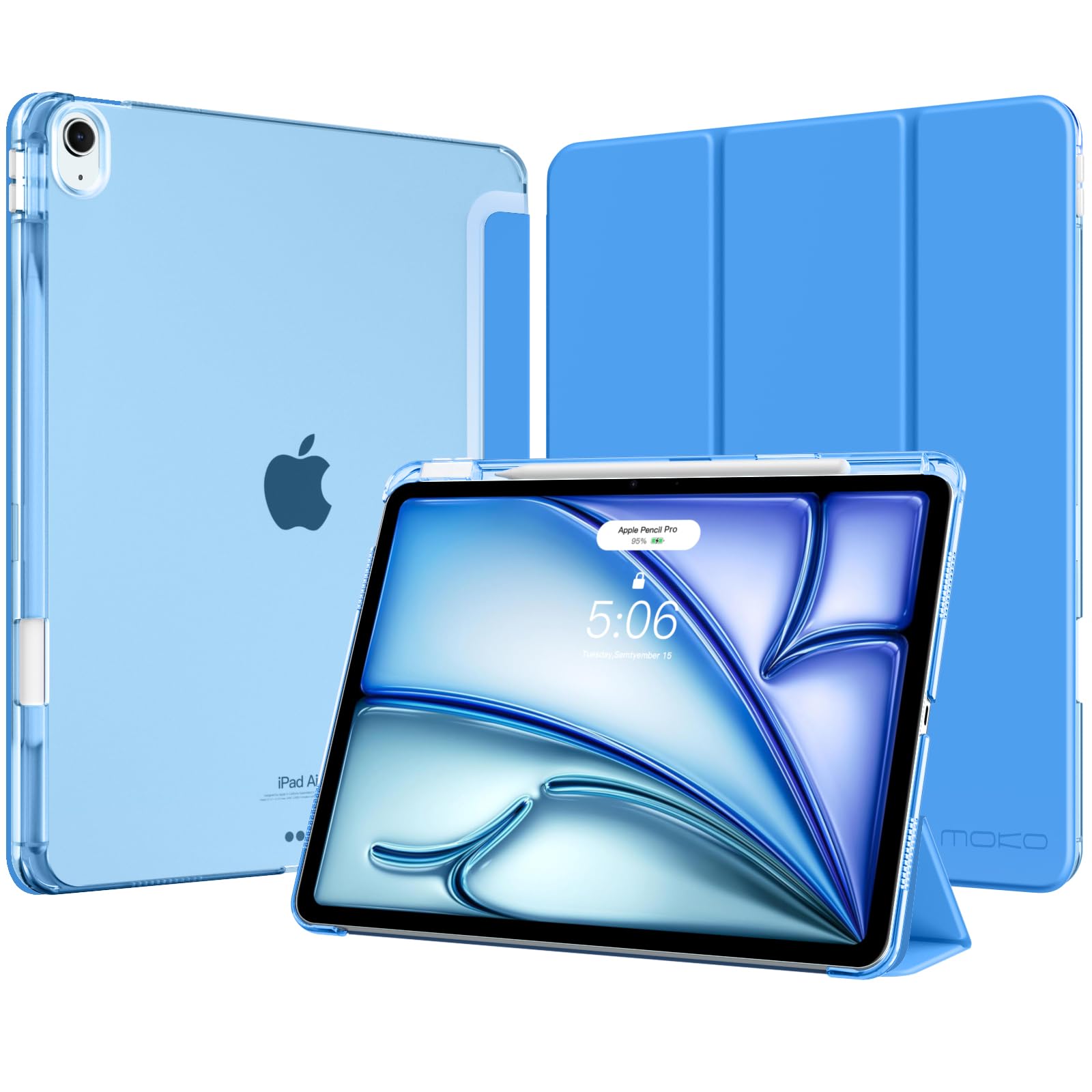 MoKo Hülle für iPad Air 13 Zoll (M4/M3/M2) 2026/2025/2024 mit Stifthalter | Schlank Leicht Trifold Schutzhülle für iPad Air 13 mit Harter PC Transluzenter Rückseite, Auto Schlafen/Aufwachen, BlaueWelle