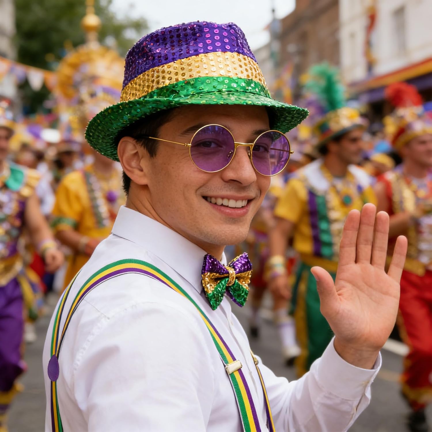 Fumwase 4PCS Mardi Gras Accessories Set for Men Women Sequin Hat Bow Tie Sunglasses Costume Suspenders - Image 4