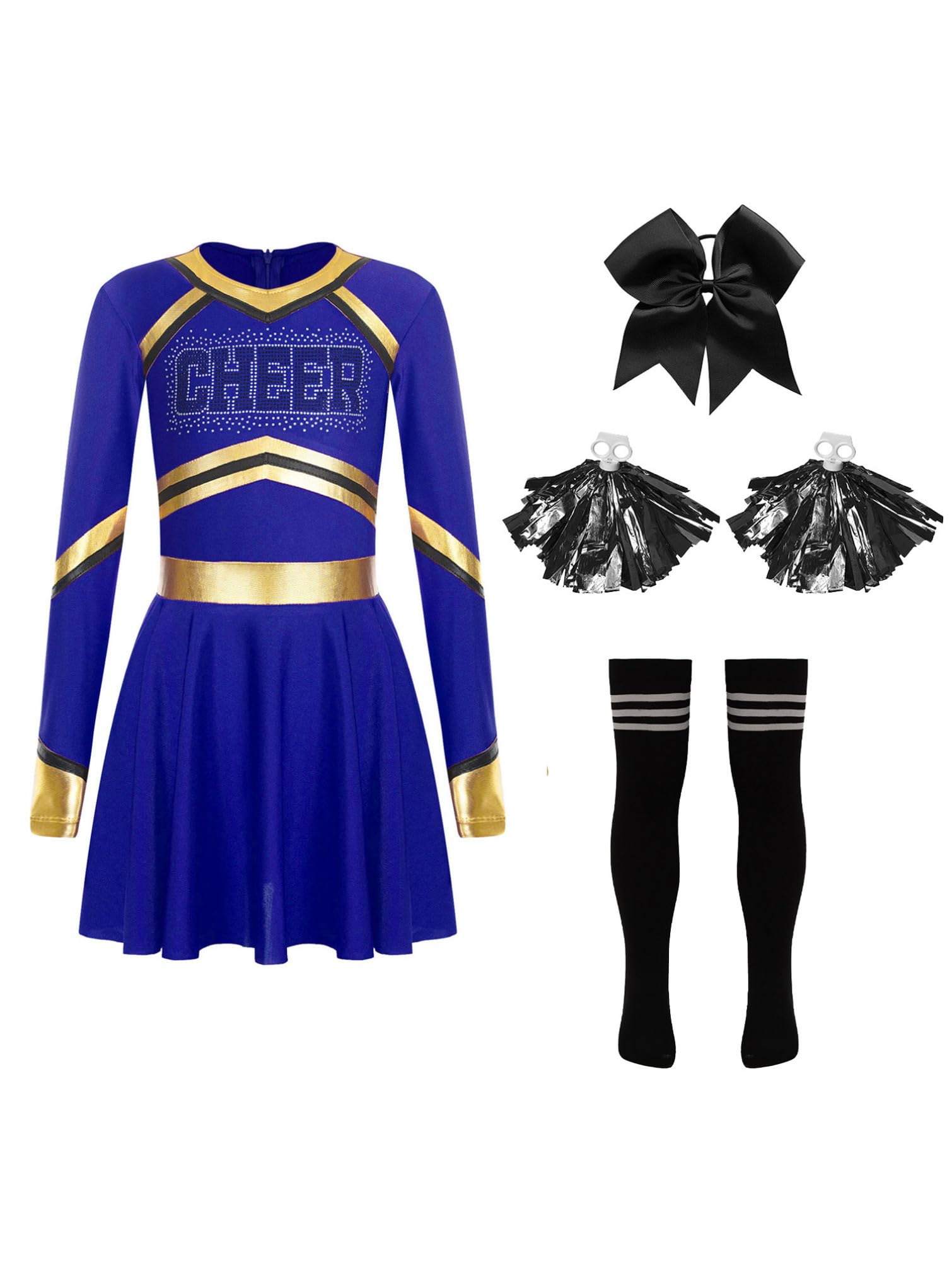 TiaoBug Dziewczęca sukienka cheerleadki z długim rękawem, sukienka do tańca z literami Cheer, metaliczne paski, podkolanówki + pompony + kokardka, ozdoba do włosów, do uprawiania sportu, do szkoły