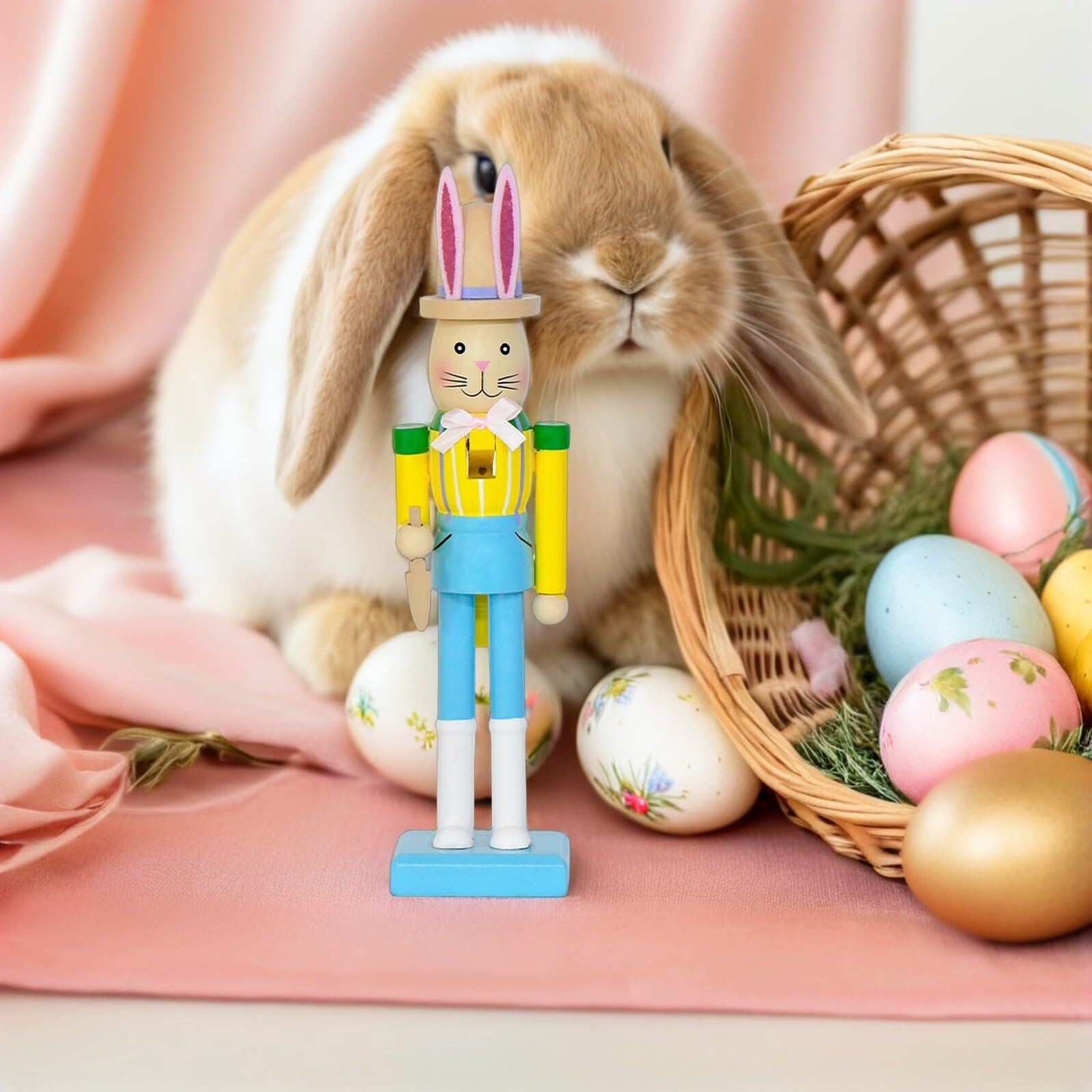 Mikikit 2 Stück Osterhasen Nussknacker aus Massivholz Stehende Hasenfigur mit Handbemalten Details Holzdeko für Ostertisch und Kaminsims