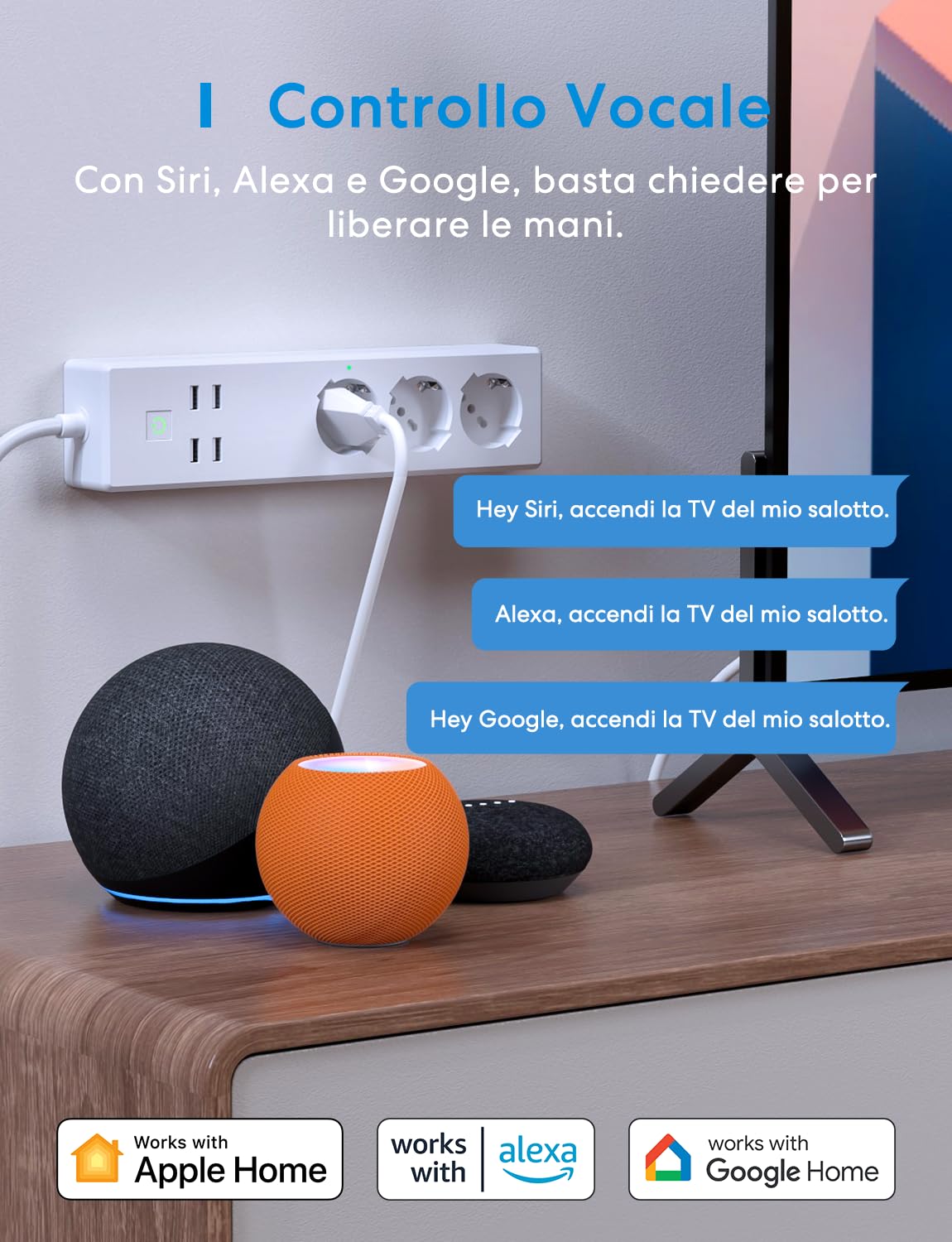 Meross Italienische Steckdosenleiste mit Intelligentes HomeKit, 16 A Smart WiFi mit 3 Schuko 4 USB-Anschlüssen, Überlastschutz, kompatibel mit HomeKit, Alexa, Google Home, SmartThings