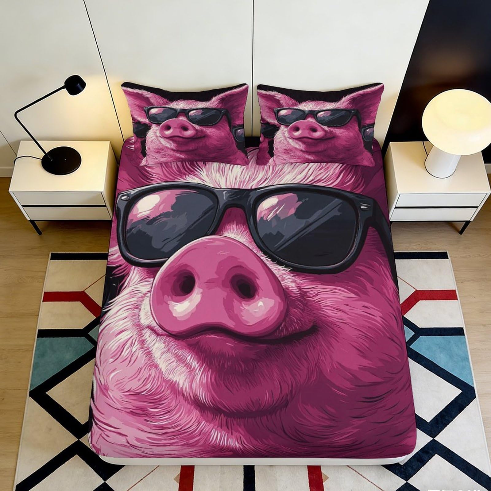 3D Printed Cool Pig Sunglasses Fitted Sheet Microfiber Fun Cartoon Animal Bed Cover for Bedroom Dorm Home Decor 90x200x25cm