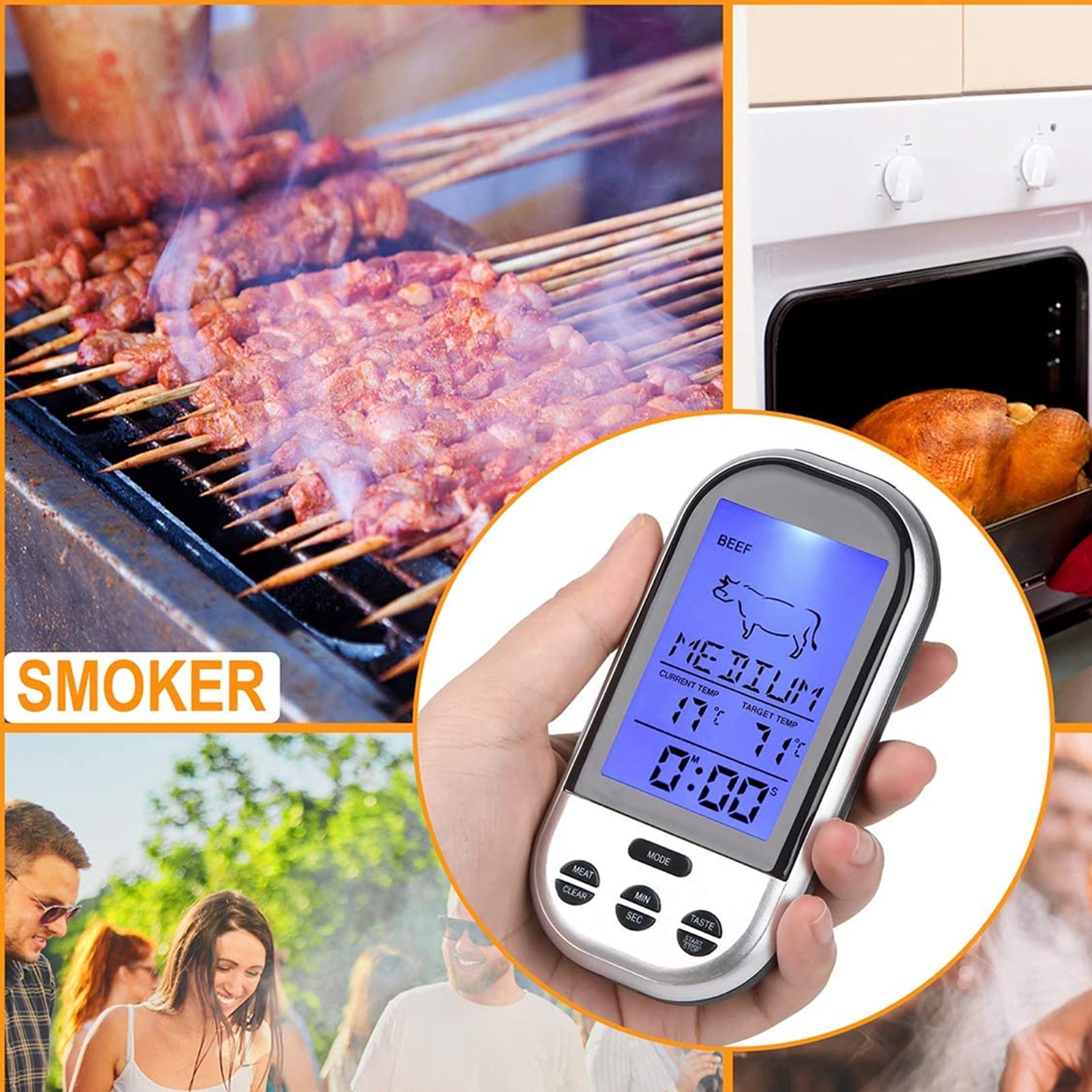 Termómetro de carne inalámbrico, Termómetro de cocina digital LCD Bluetooth Termómetro inalámbrico remoto BBQ BBQ Grill Herramientas de cocción a domicilio con alarma de temporizador
