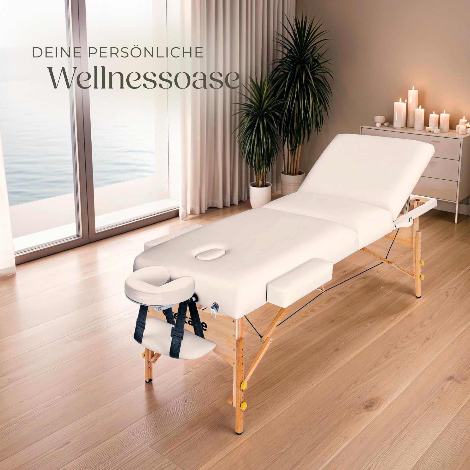 tectake höhenverstellbare Massageliege klappbar mit 3 Zonen, Massagetisch, 10 cm Polsterung, Mobile Massageliege, Kopf- und Armstütze, Massagebank mit Holzfüßen, Zubehör Tragetasche - beige