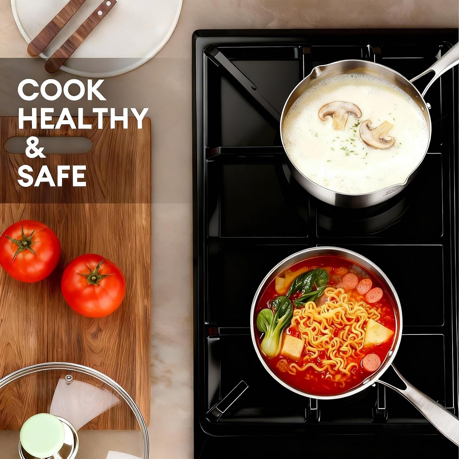 Titanium Saucepan with Lid, Non-Stick Titanium Pot, 500°F Heat Resistant, Fast & Even Heating, Universal Induction Gas Electric Glass Halogen Cooktops, Dual-Pour Spouts Design（1.5 QT)