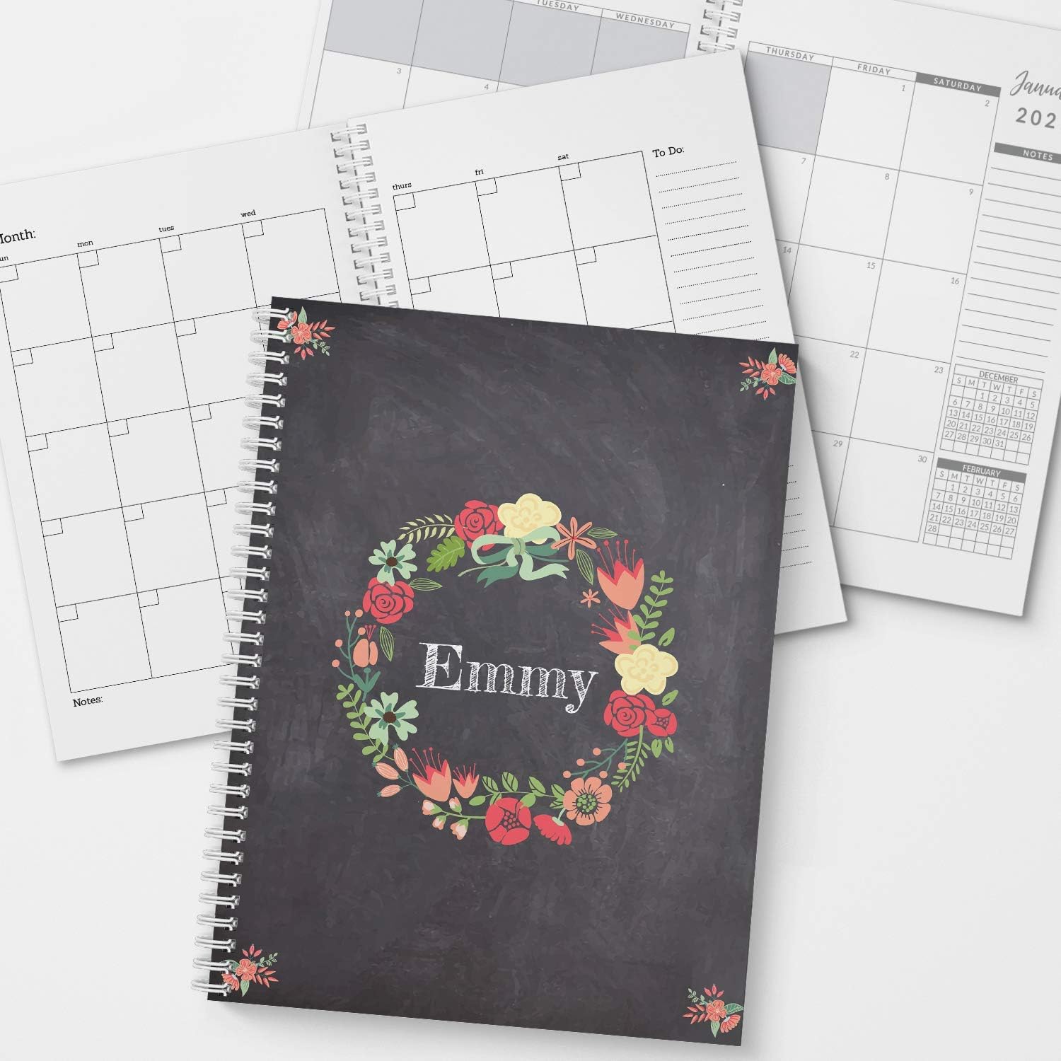 Floral Wreath Personalized Monthly and Weekly Softcover Planner and Organizer, 1 full year, January-December DATED or UNDATED OPTION, 5.5" x 8.5", lay flat wire-o spiral binding