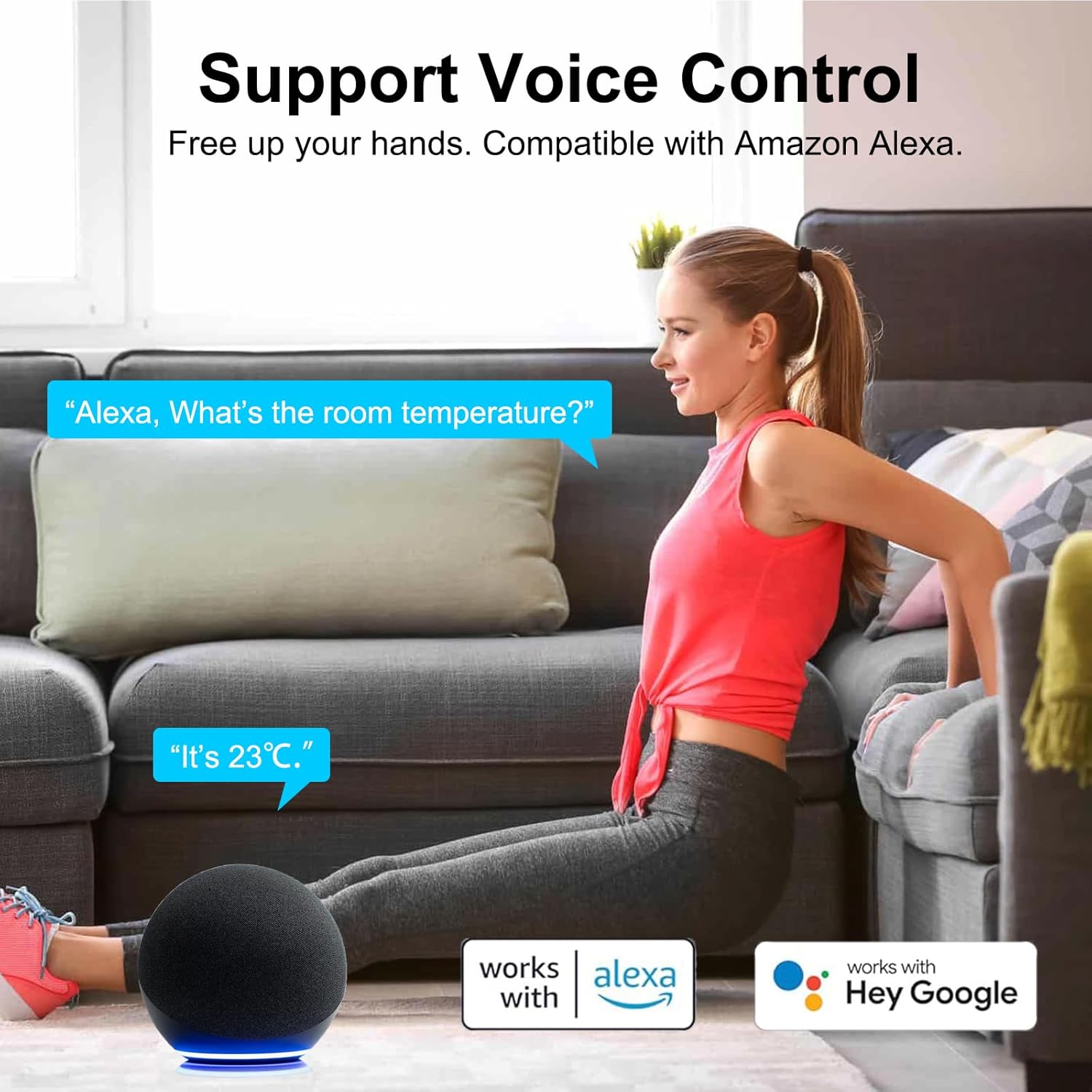 Woman using Amazon Alexa to check room temperature with the PHOVOLT sensor