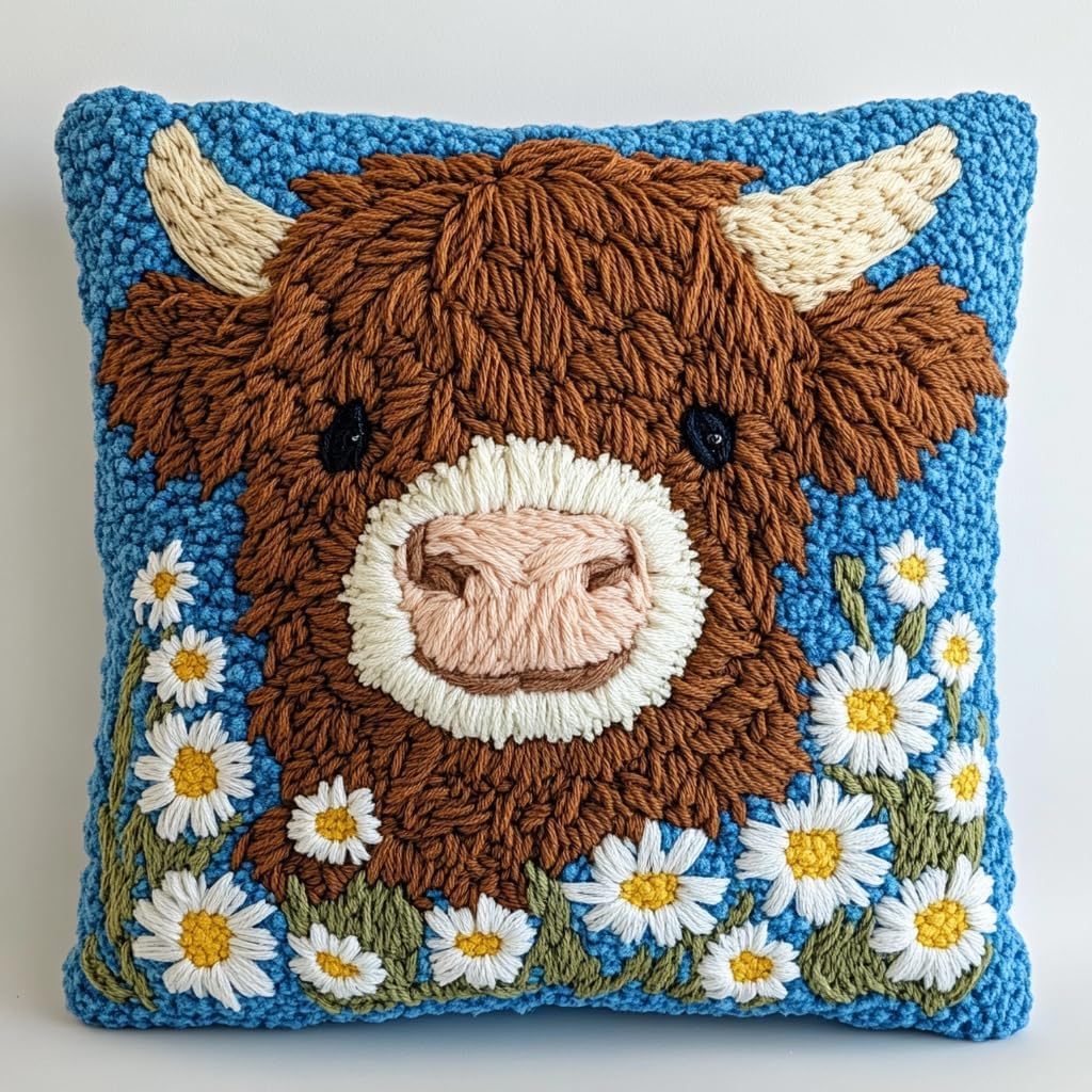 DIY Punch Needle Pillow Kit Cute Highland Cow Daisy Flowers with Pattern and Hoop Handmade Embroidery Punch Needle Starter Pillowcase Set for Home Sofa Decor 43x43cm-1-29
