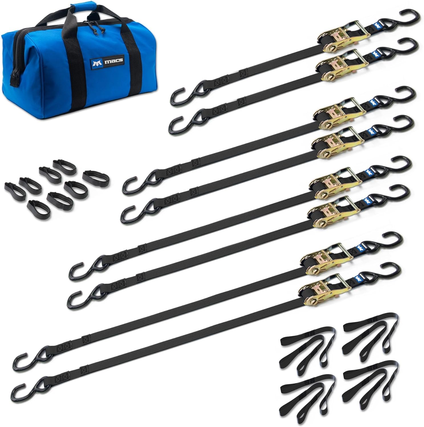 Mac's Grab & Go 1" Strap Pack – Black | Includes 8 Ratchet Straps in Assorted Lengths, 8 Soft Loops, 8 Strap Wraps & Large Storage Bag | Lightweight Cargo Tie-Down Kit