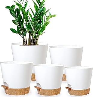 5 Pcs Plant Pots, 7/6.5/6/5.5/5 Inch Self Watering Plant Pots with Drainage Holes,Modern Decorative Plastic Pots for Plant...