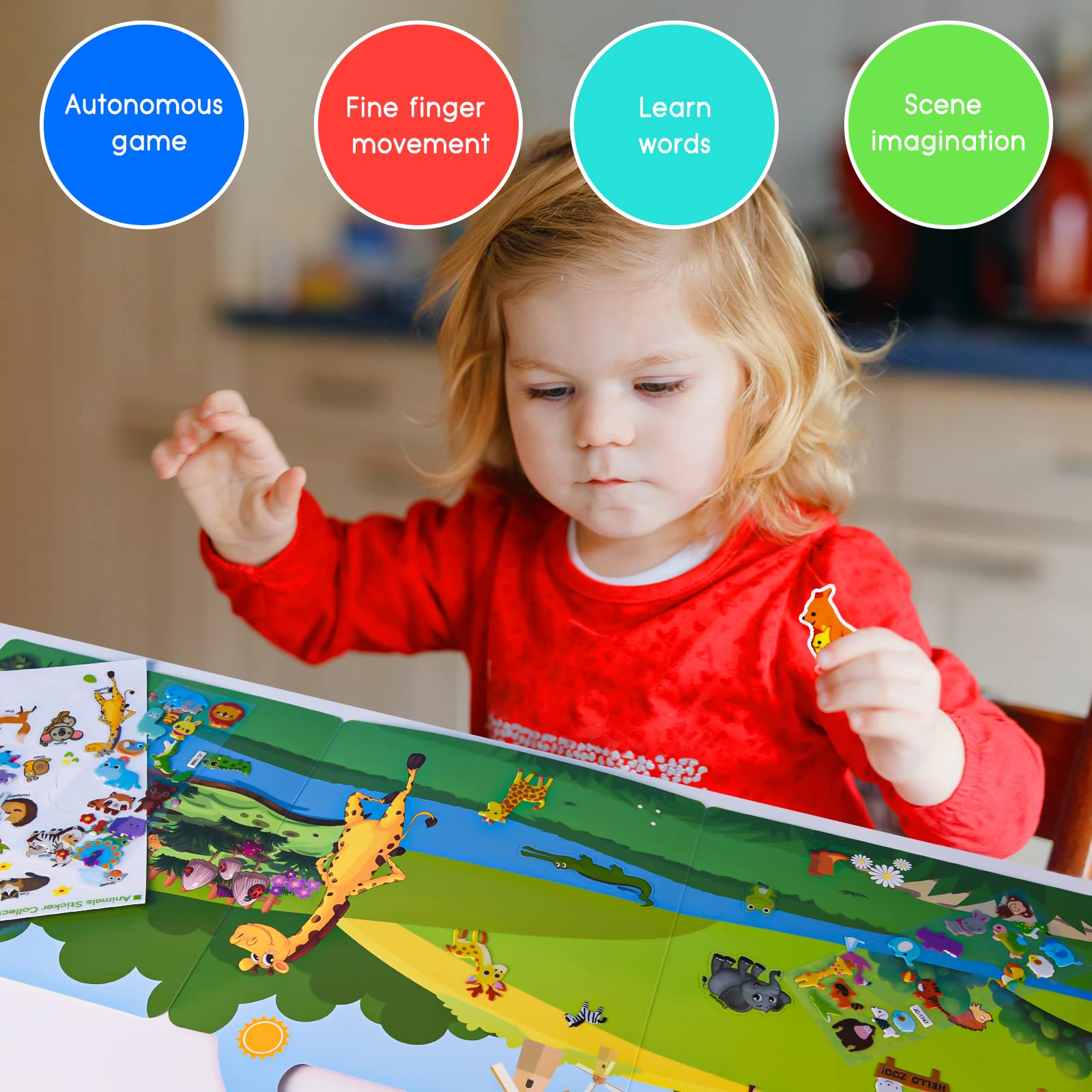 ASTARON 3D Sticker Scènes Boek voor Kinderen, 88 Stuks Herbruikbare Dieren Jelly Stickers voor Peuters, Puffy Sticker Game Educatief Zintuiglijk Leren Speelgoed, Feestbenodigdheden Verjaardagscadeau
