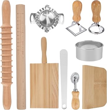 Pasta Making Tool Set, 9 PCS Pasta Making Tools Include Rolling Pin, Ravioli Cutter, Wooden Pasta Cutter, Pasta Roller, Dumpling Mold, Complete Kitchen Pasta Making Accessories