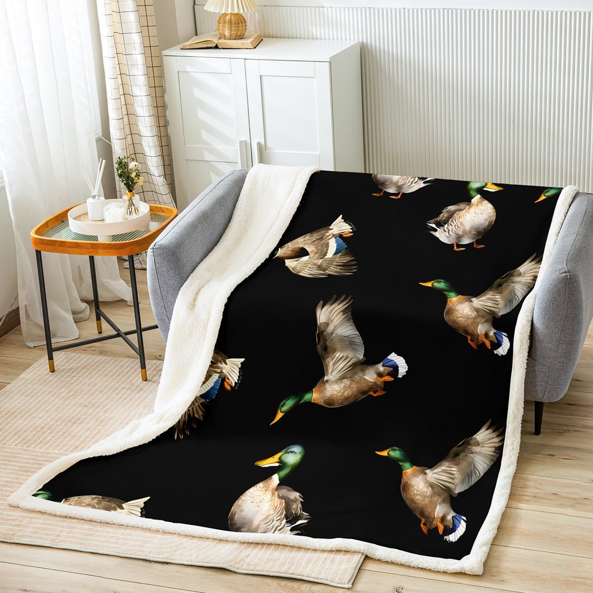 Loussiesd Coperta in pile Sherpa con anatra reale da caccia e pesca, coperta in peluche animale selvatico, per letto, divano, bambini, animali selvatici, nero, 200 x 200 cm