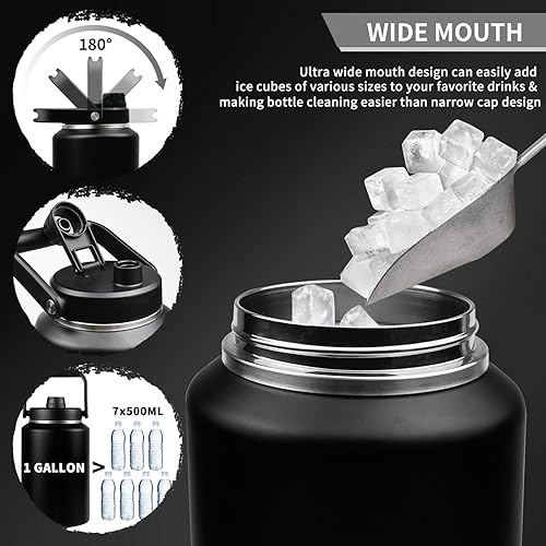 Miniatura 3 de Botella de agua aislada de 1 galón con funda, jarra de agua de acero inoxidable de 128 onzas con asa, botella de agua de boca ancha con bolsa de