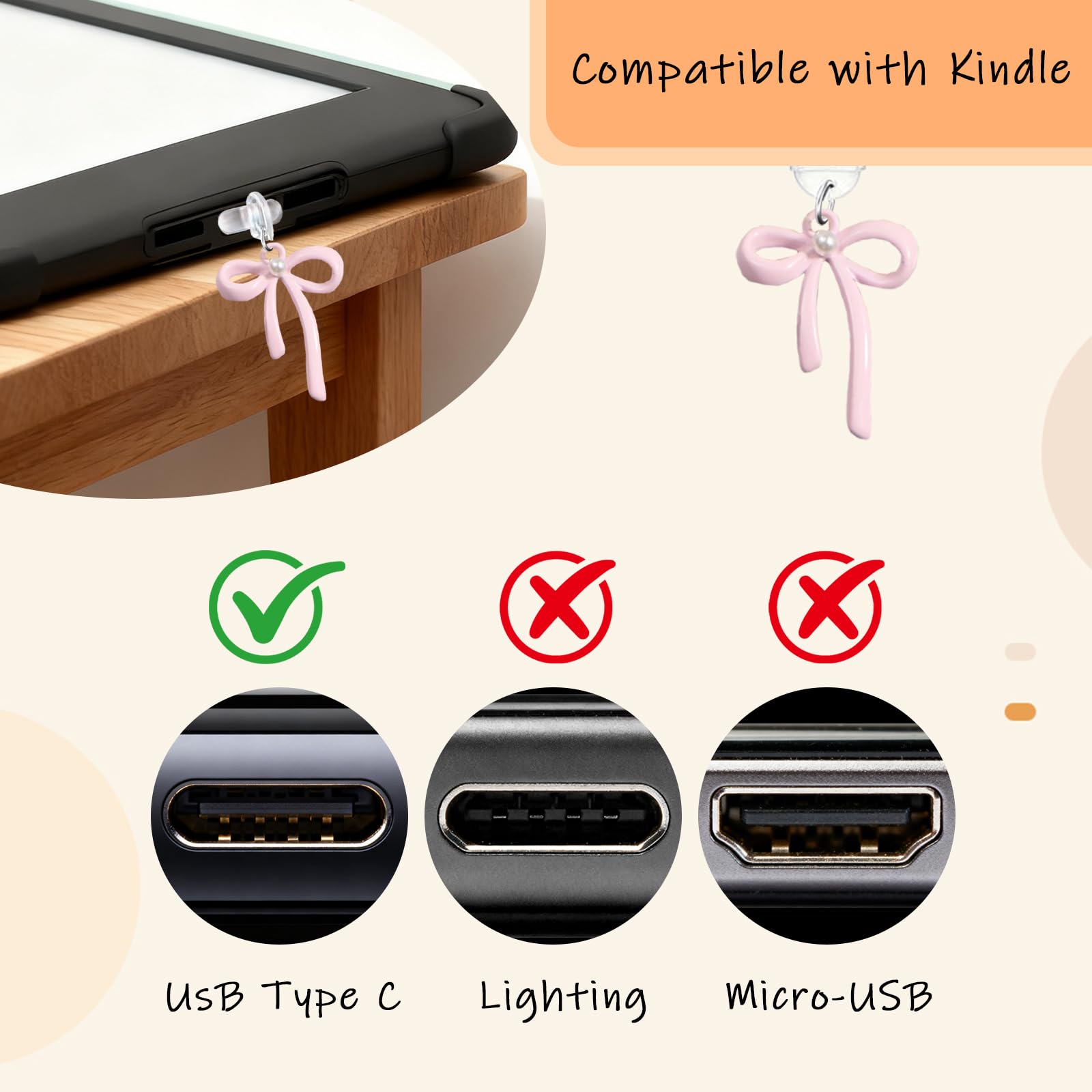 Simpatico set di 6 biglietti con inserti per Kindle, design a tema libro con ciondoli per Kindle e tappi antipolvere USB-C, per 11a/12a generazione, 17,3 x 12,2 cm (rosa)