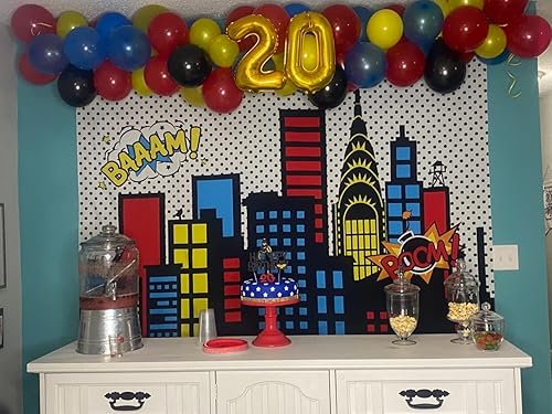 Miniatura 5 de Telón de fondo de superciudad de superhéroe, edificio de ciudad, tema de superhombres, fotografía para niños, recién nacido, baby shower, niño,