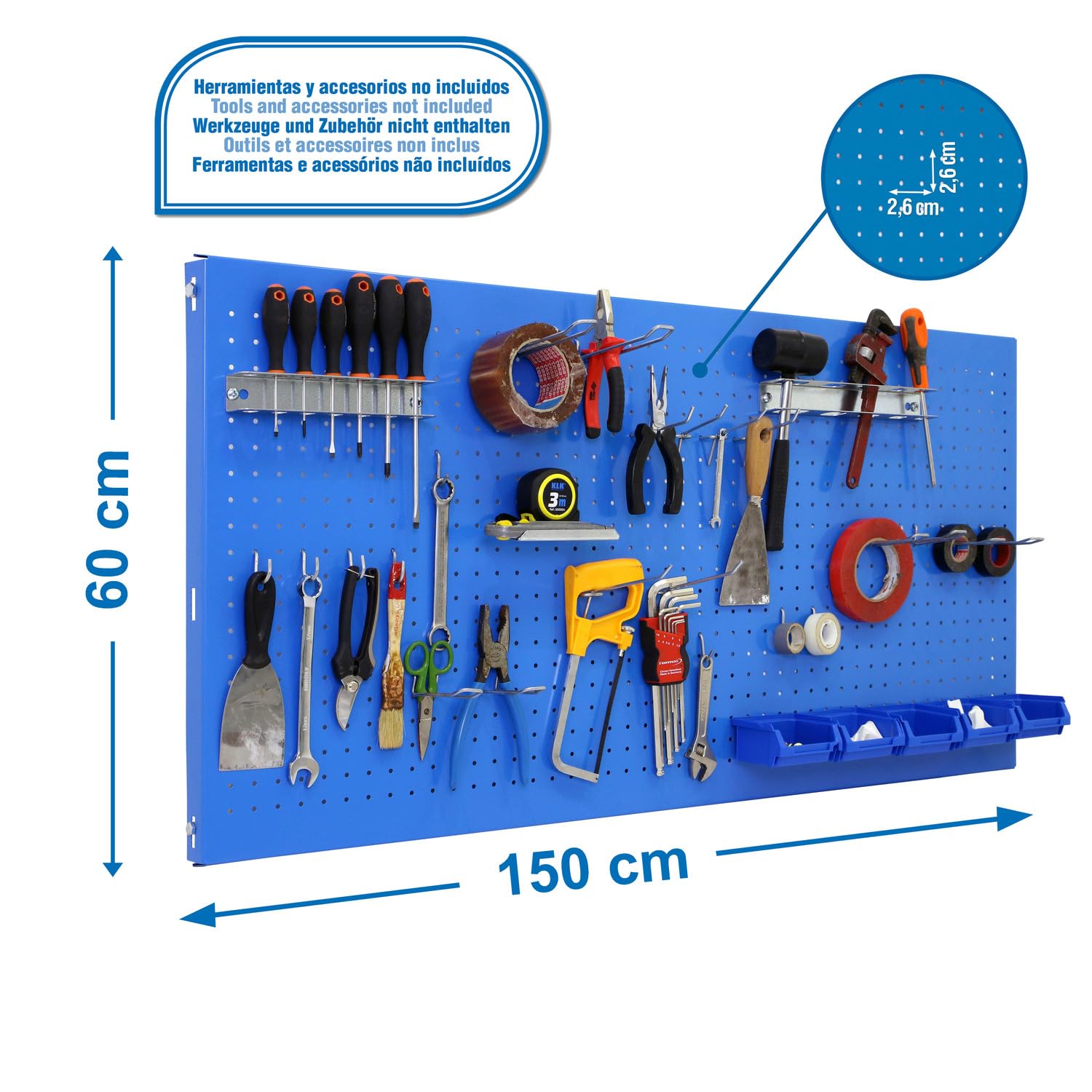 SimonRack Pannello Portautensili in Metallo, Pannelli per attrezzi, Include 22 Ganci e 8 Mensole, 1500x600 mm, Blu - Simonwork