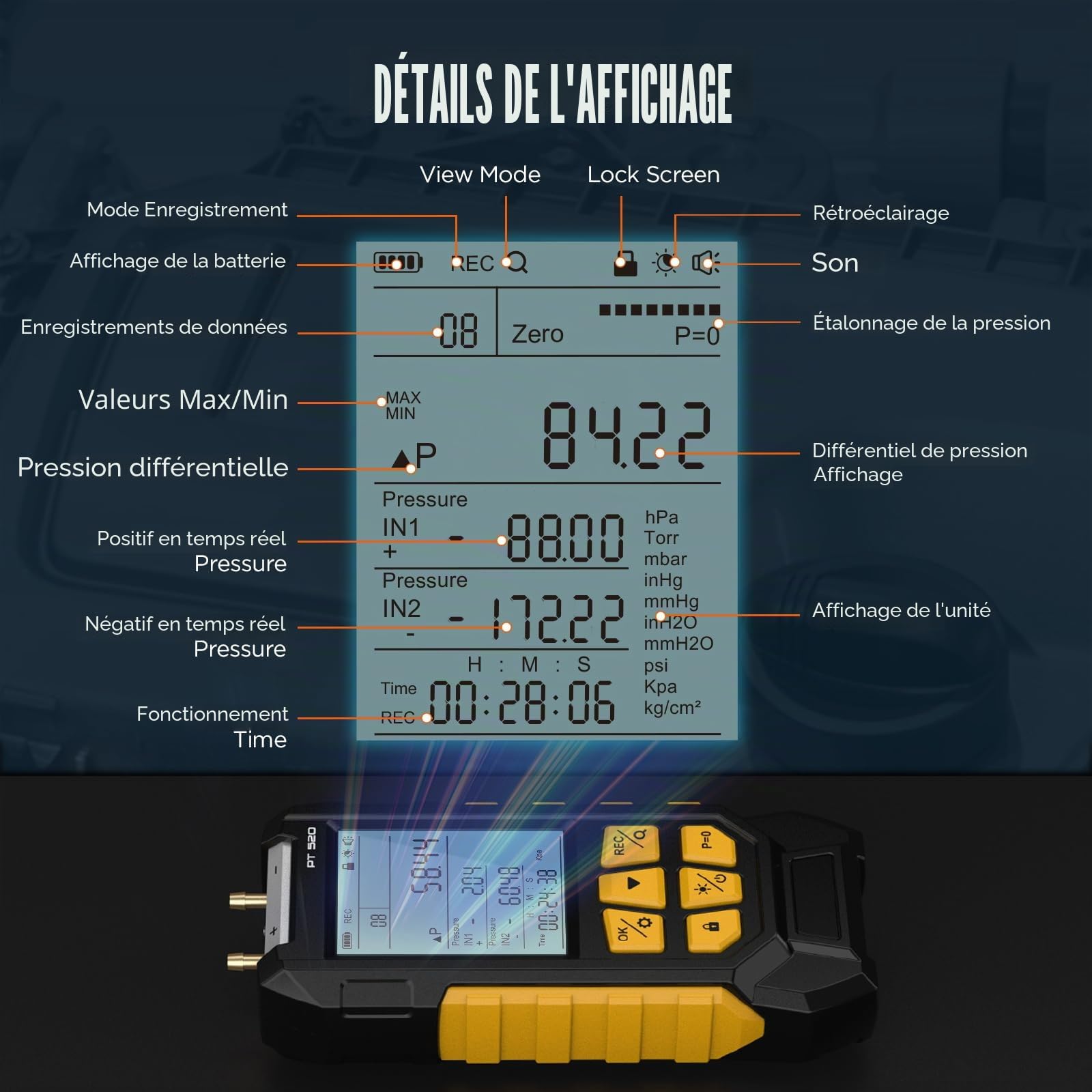 PT520 Manomètre numérique de pression d'air -100-200 KPa Résolution 0.1 pression d'air 10 unités différentielles Manomètre numérique de pression de gaz HVAC à double port avec écran LCD rétroéclairé