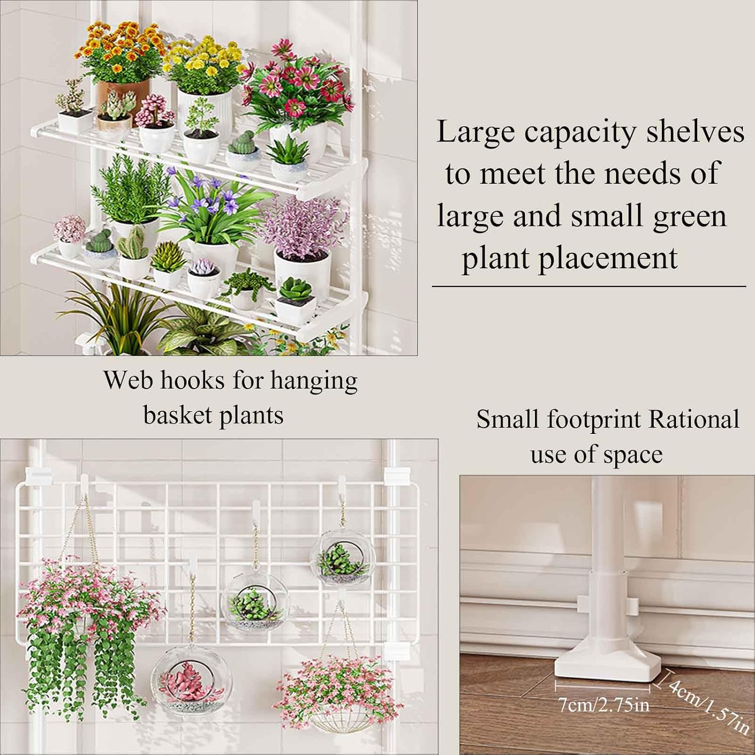 4 Tier Floor to Ceiling Plant Rack with Hooks Indoor Tall Plant Rack Telescopic Flower Pot Display Stand Floor Standing Multi-Tier Shelf Adjustable Spring Tie Rod (White)