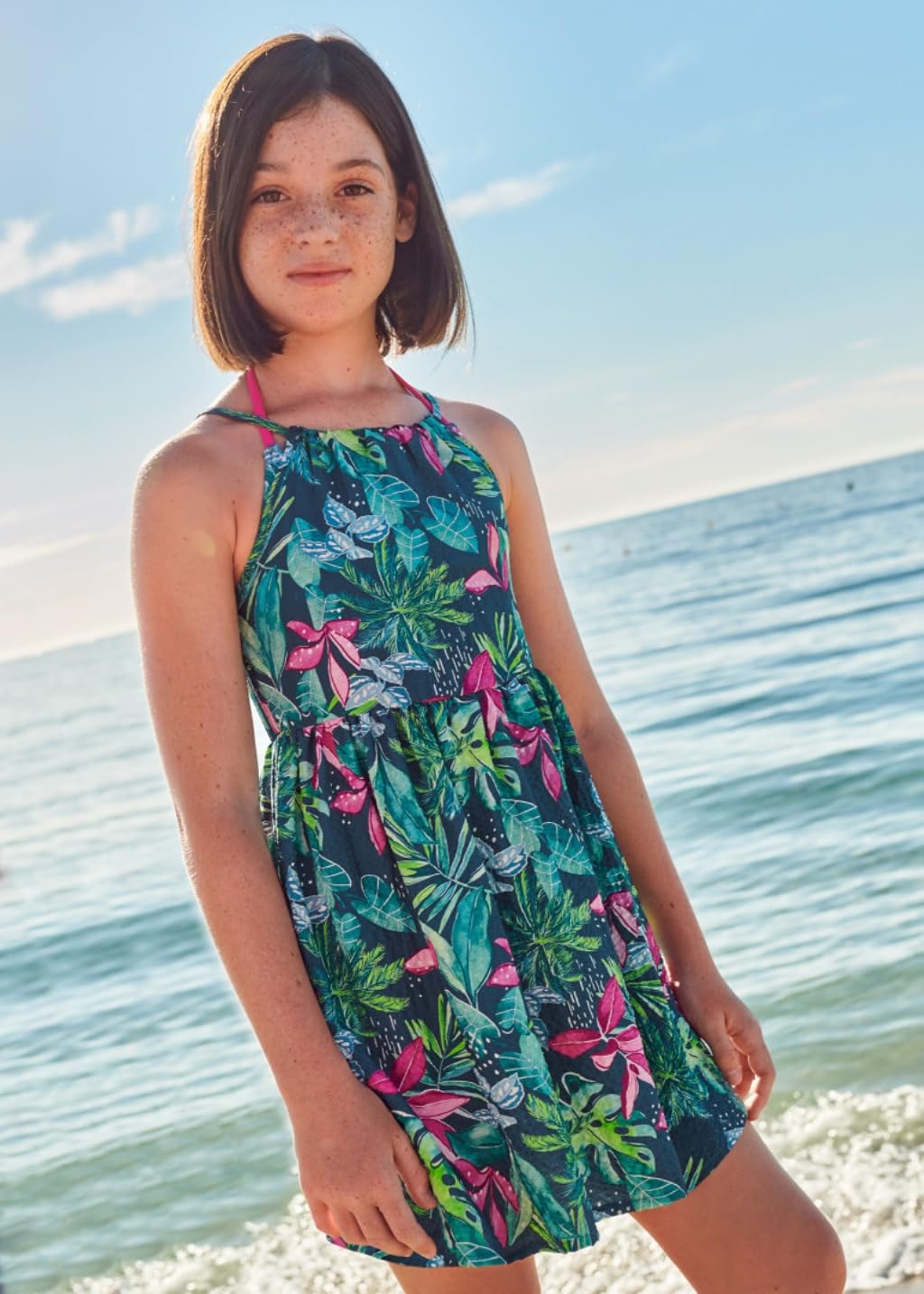 Mayoral Sommerkleid für Mädchen, mit Trägern, tropischer Druck, Blätter und Blumen, lässig, leicht, für Sommer und Meer