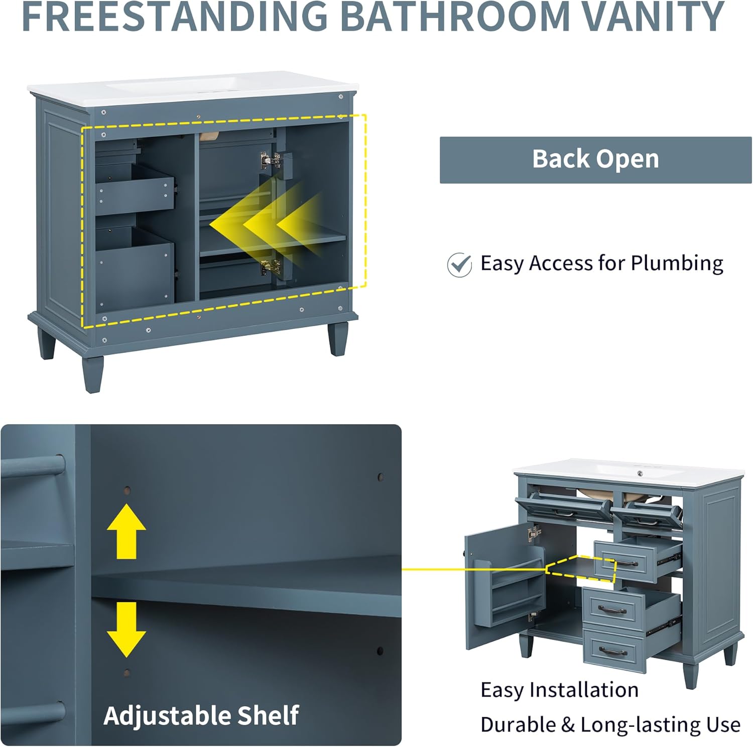 36 Inch Bathroom Vanity with Ceramic Sink Top, Solid Wood Frame, MDF & Poplar Cabinet, Flip Drawers, Adjustable Shelf, and Zinc Alloy Handles, Freestanding Storage Cabinet (Faucet Not Included), Blue