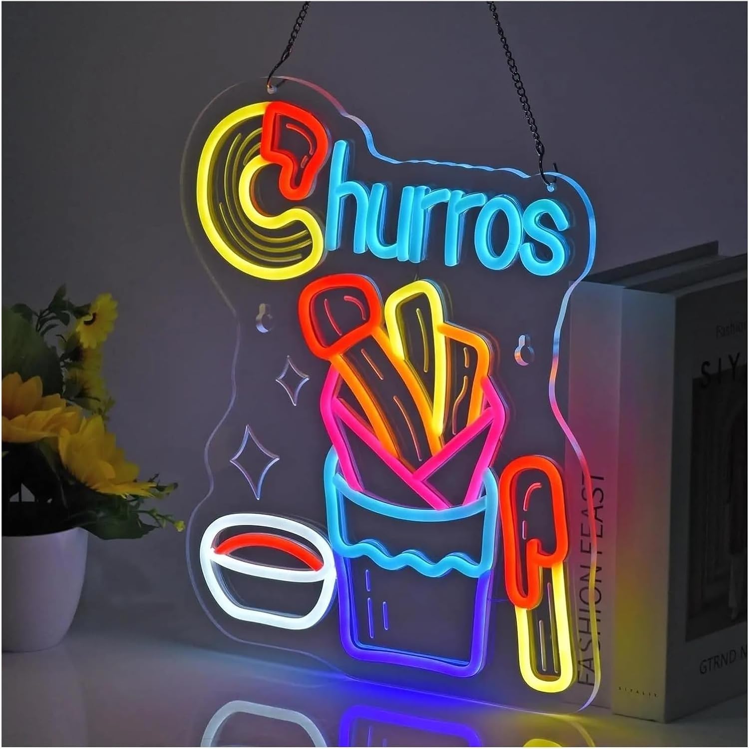 Insegna luminosa al neon Per insegna al Per neon Per LED, luminosa da parete con churros appesi, decorazione per ristorante, festa, 31 cm x 38