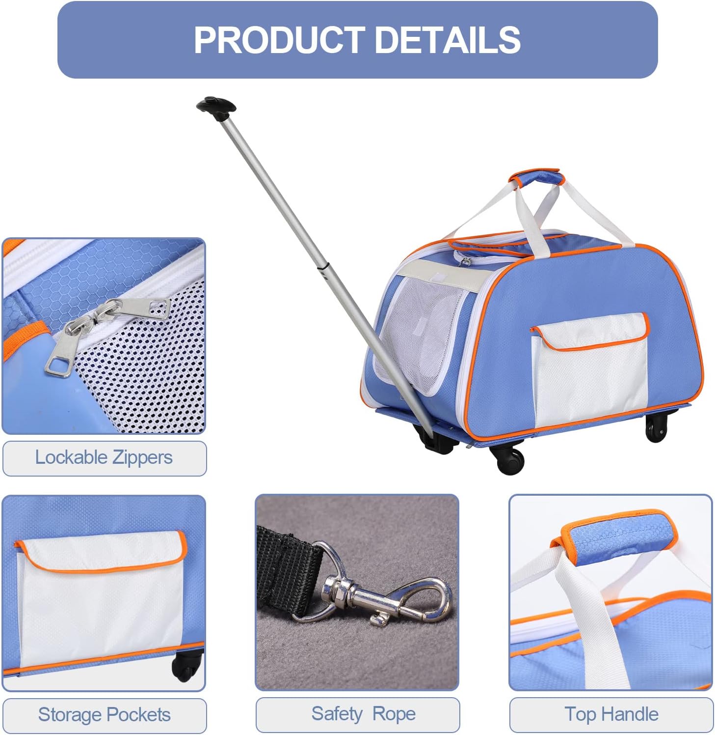 A4 Pet Pet Carrier with Wheels,Foldable Dog Carrier on Wheels for Medium Dogs Up to 33 LBS with Removable Base,Extendable Handle & 4-Wheels Design,Mesh Ventilation Windows and Safety Rope, Blue