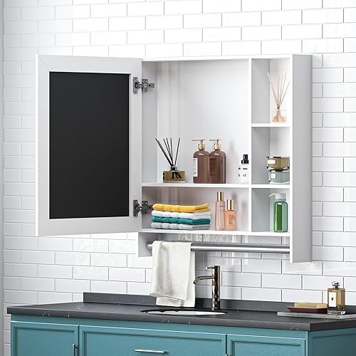 Miniatura 4 de SDHYL Botiquines para baño, 27.5 pulgadas cuadrado montado en la pared con 1 puerta de baño botiquín con espejo, estante de almacenamiento de espejo