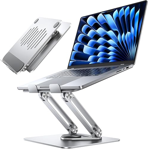 MAGIC JOHN Soporte ajustable para laptop para escritorio, soporte elevador plegable giratorio de 360, diseño ergonómico, soporte para computadora