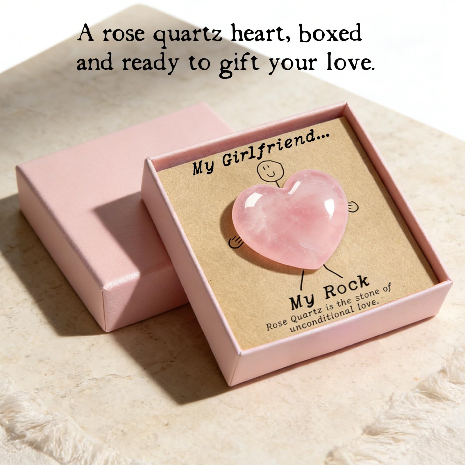 Gift for Girlfriend – My Rock Rose Quartz Heart Pocket Hug, Natural Crystal Love Stone Keepsake with Message Card & Gift Box, Love Gift from Boyfriend