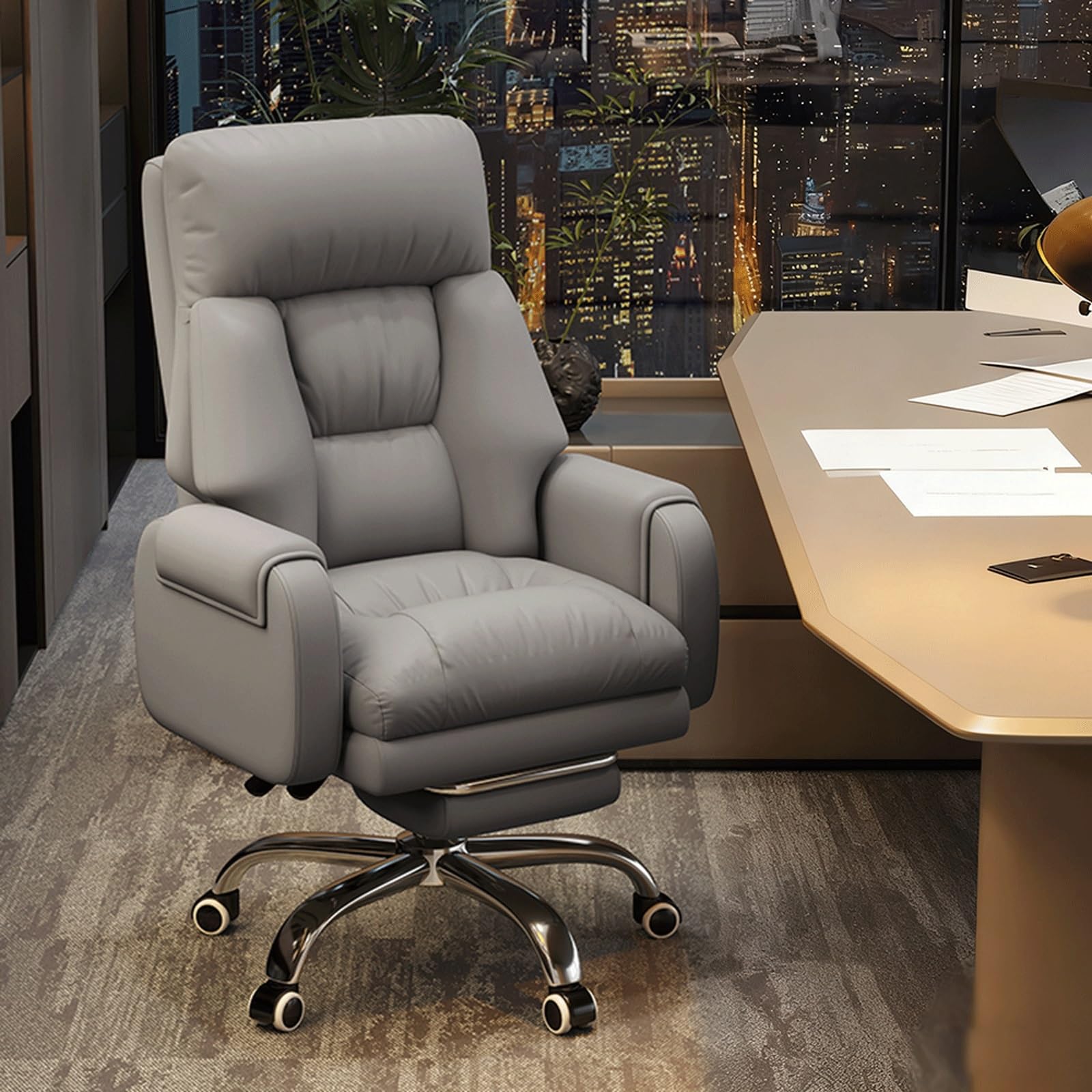 HTTGDGDH Ergonomic Office Executive Chair With Footrest Lumbar Support 360° Swivel Rocking Function Adjustable Armrests - Ideal For Home Office & Study Room,Grey