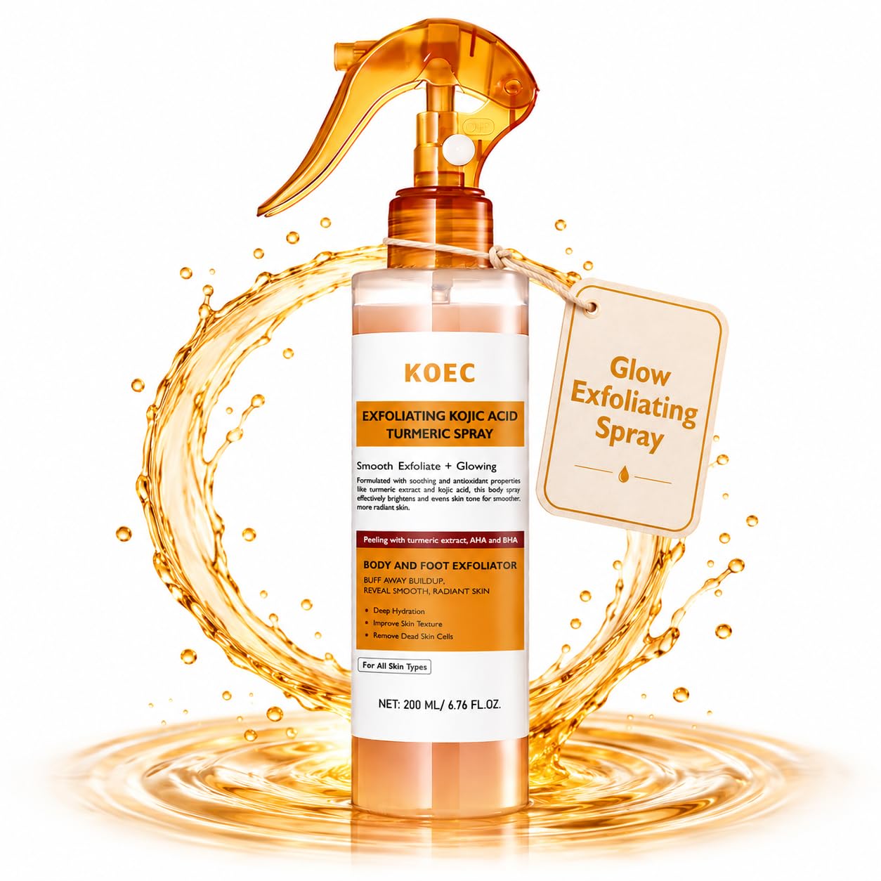 KOEC Peel Shot Keratin Care Kojic Turmeric Spray 200ml, Turmeric Exfoliating Spray with Retinol, Glutathione, Niacinamide, Vitamin B, C, E