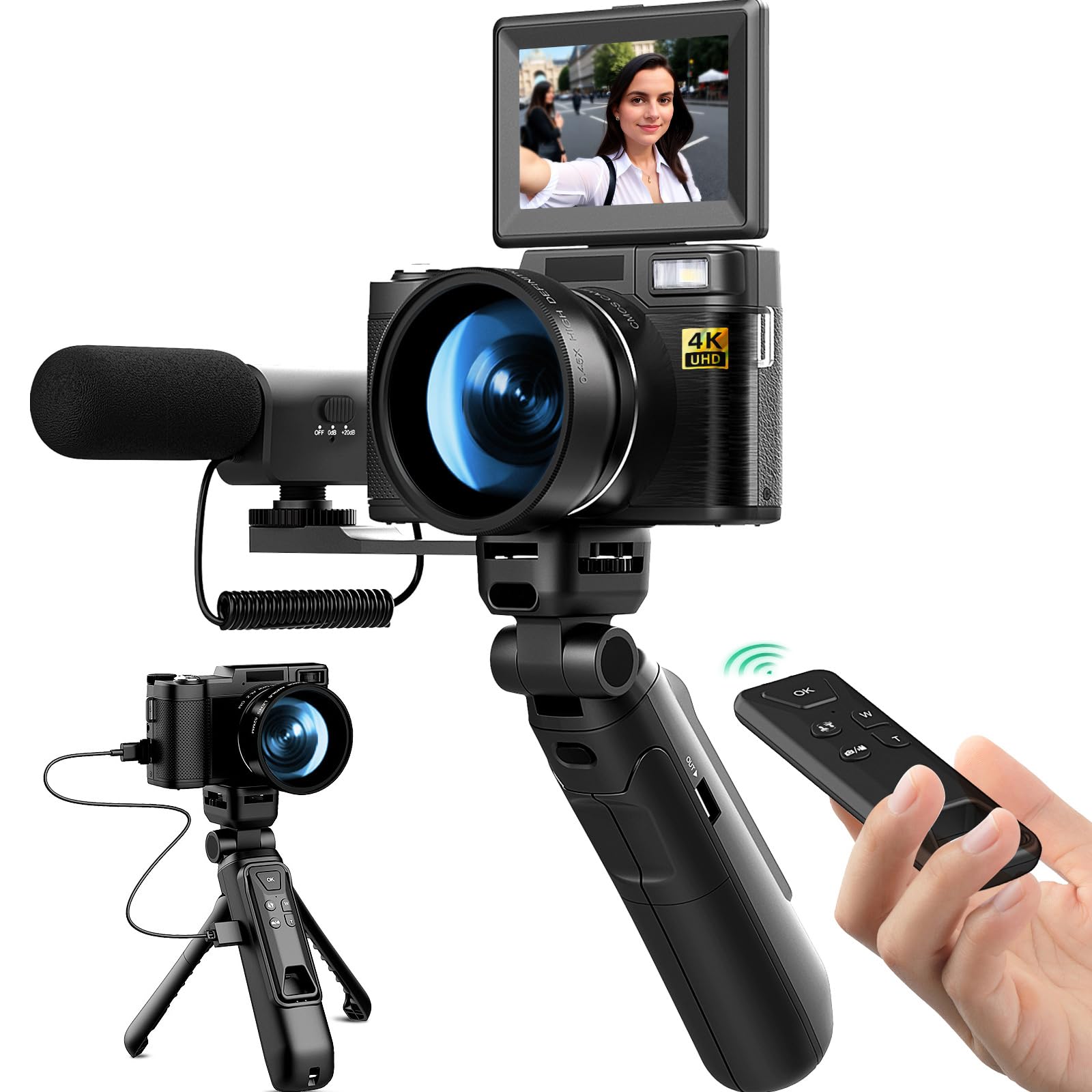 Monitech Digital Camera for YouTube Photography, 4K Vlogging Camera with Flip Screen & Autofocus, Creator Kit Includes Remote, Microphone, Tripod Grip