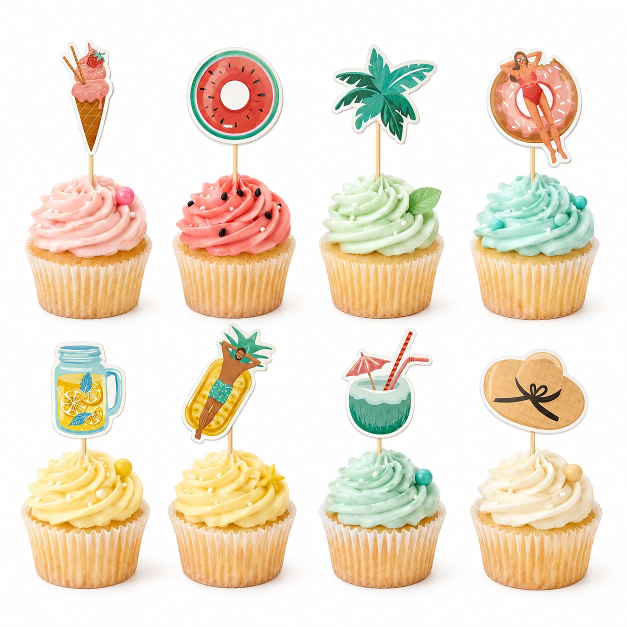 Arthsdite 24 Pcs Summer Tropical Cupcake Toppers Beach Party Cake Decorations Palm Tree Watermelon Drink Hat Ice Cream Picks for Birthday Baby Shower Supplies