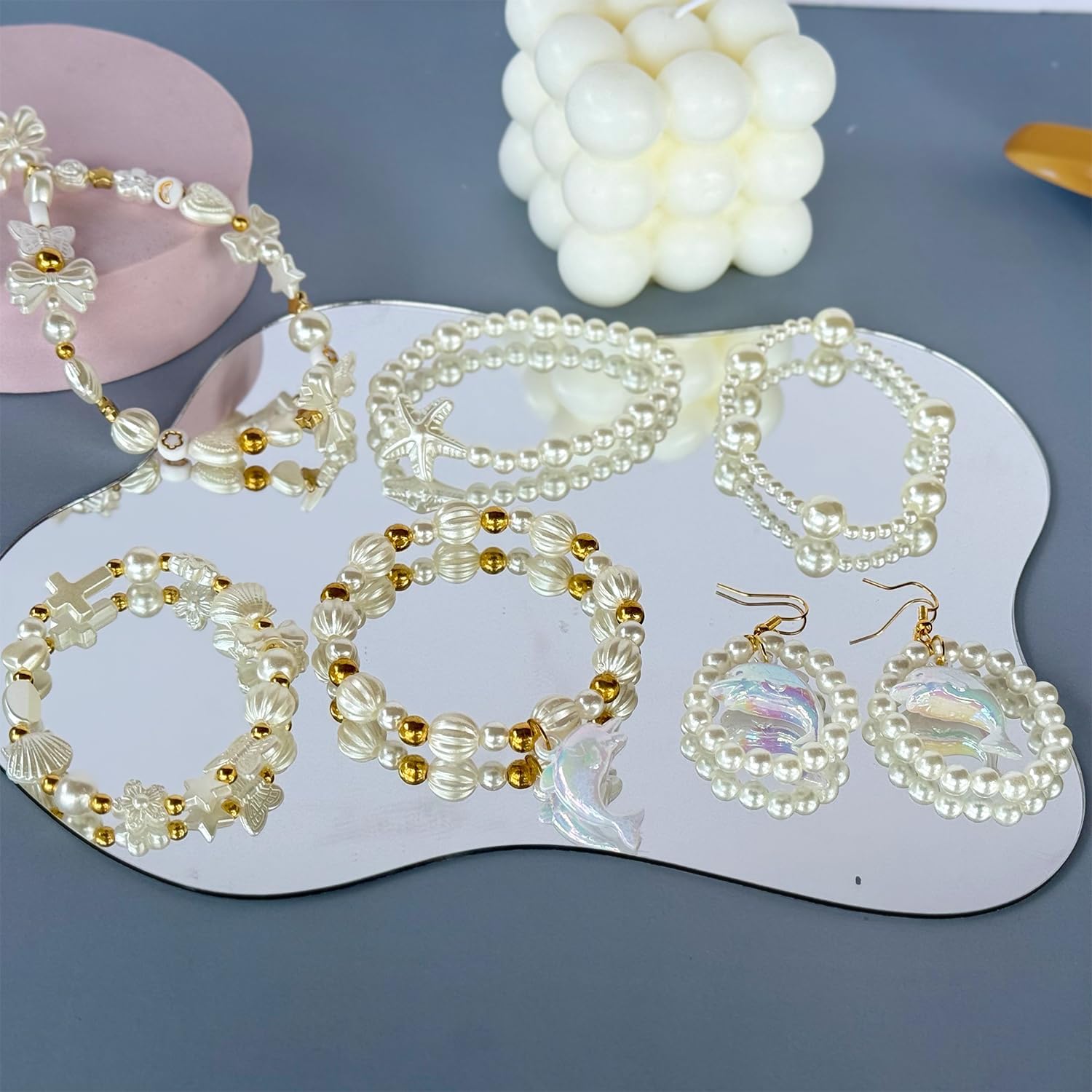 990Pcs ABS Imitation Pearl Beads for Jewelry Making, Assorted Heart Star Bow Flower Seashell Starfish Aesthetic Cute Bead for Bracelet Necklaces Earrings DIY Crafts Phone Charm Keychain - Image 3