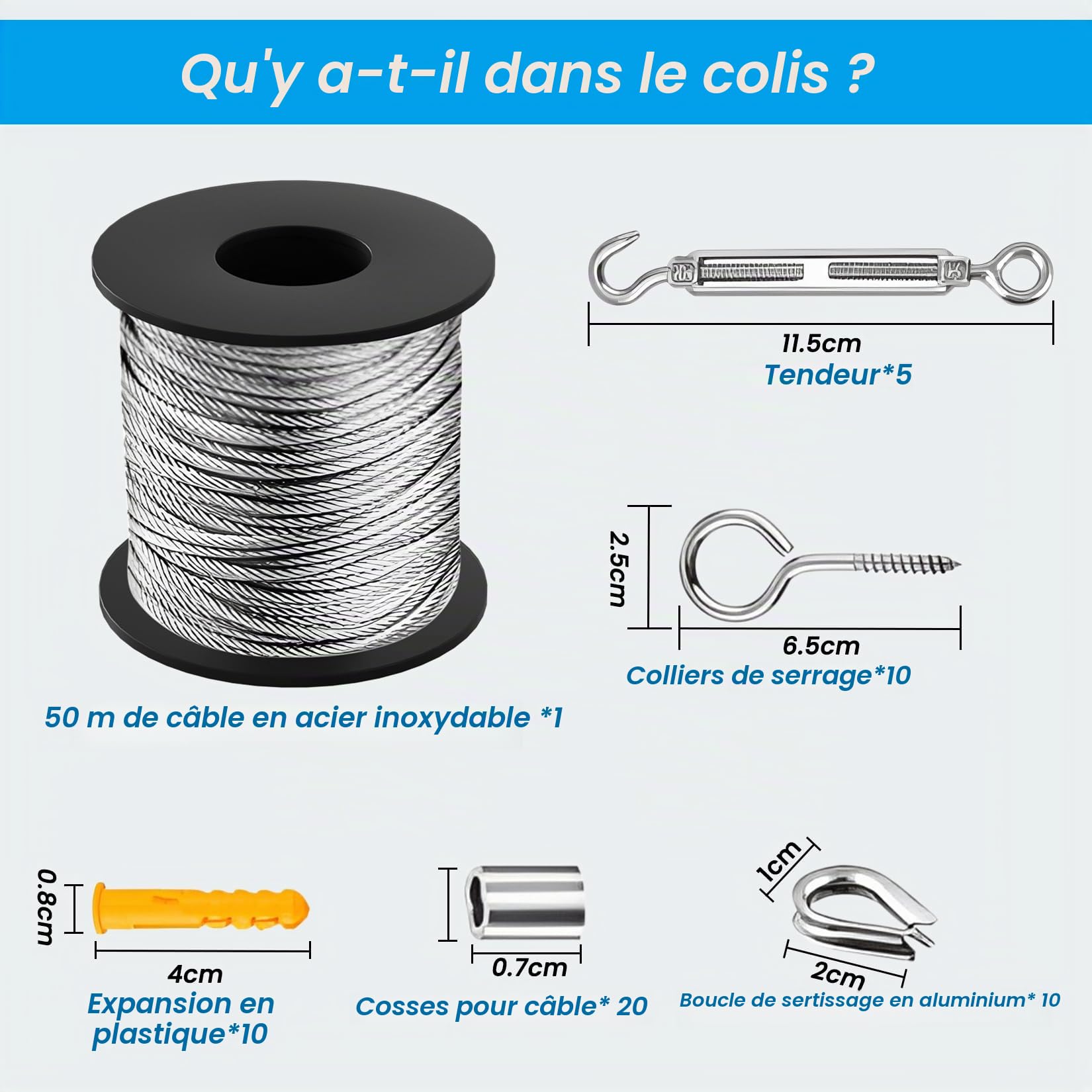 50M Corde en Acier Inoxydable à Suspendre Kit, Câble en Acier Inoxydable Revêtu avec M5 Tendeurs, Kit Cable Metallique pour Plantes Grimpante, Extérieur Suspension, Corde a linge, Lustre D'ExtéRieur
