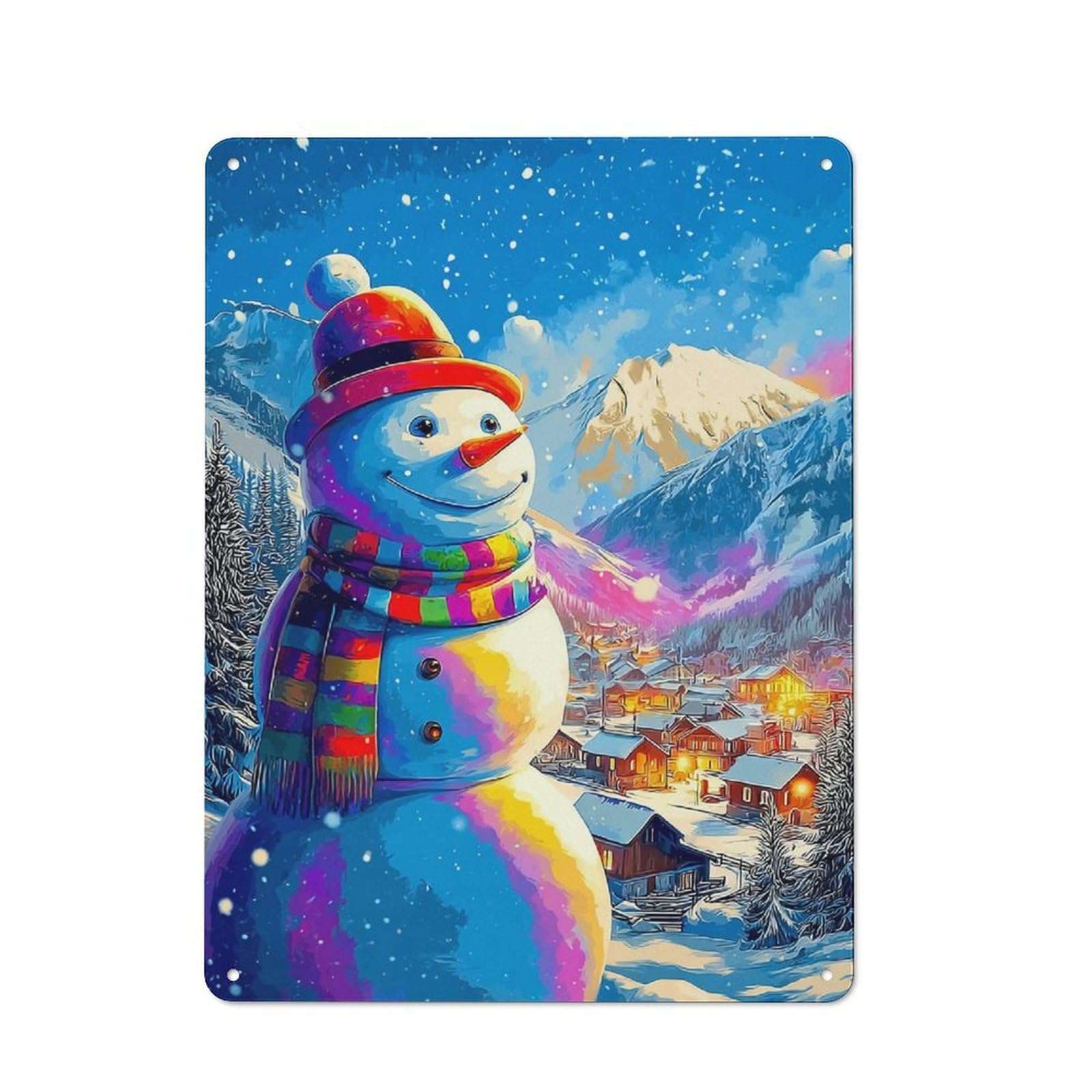 Junmoney Colorful Snowman In Winter Wonderland Rustic Tin Wall Plaque 40X30cm Featuring For Pub Or Café, A Decorative Christmas Gift For Café Interior Fans
