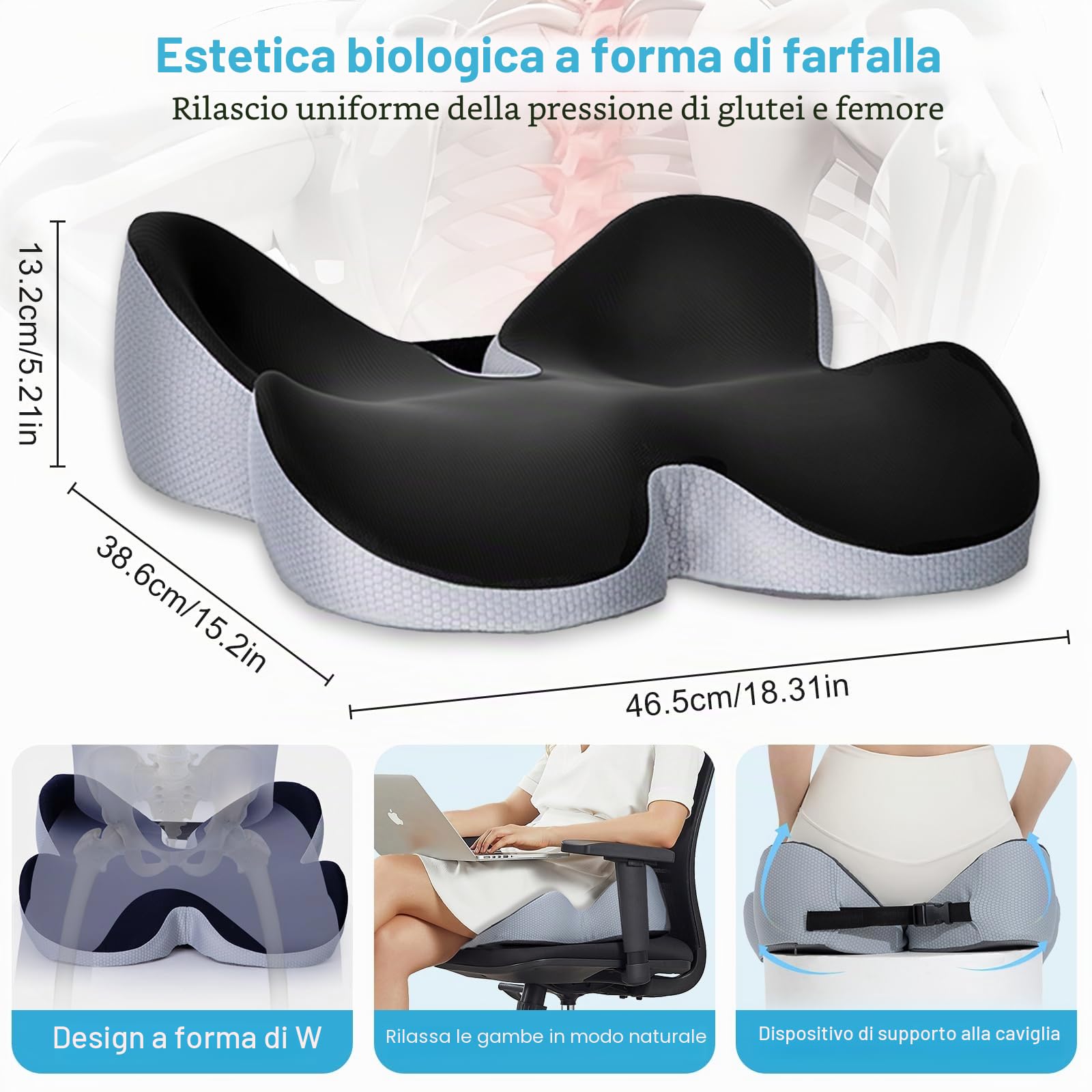 Cuscino Sedia Ufficio, Memory Foam Cuscino Ergonomico Sedia Ufficio, Modellamento dei fianchi, Portatile e Regolabile, Memory Foam per Casa Auto e Sedia a Rotelle