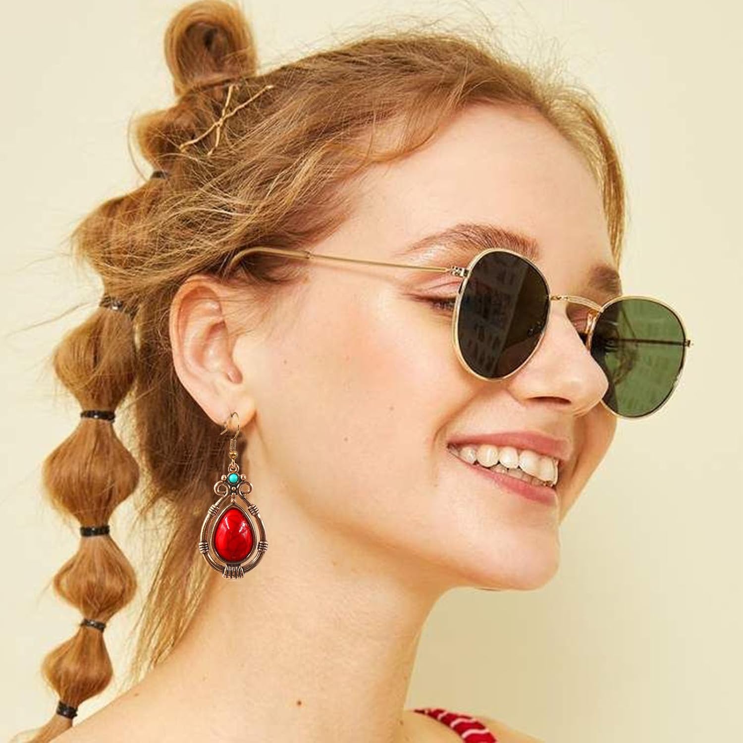 Handmade Teardrop Turquoise Earrings Necklace Set for Women Bohemia Tribal Antique Ethnic Style Earring Delicate Teardrop Gemstone Dangle Drop Statement Earrings Western Jewelry - Image 4