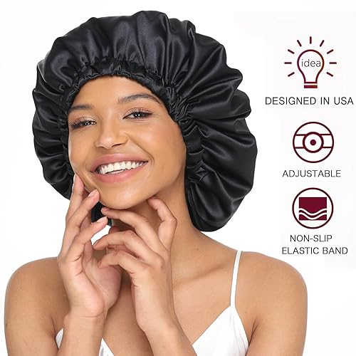 Miniatura 2 de COMFYROLL 2 gorros de satén de seda para dormir y proteger el cabello, gorra de satén ajustable de doble capa para mujeres, cabello natural rizado