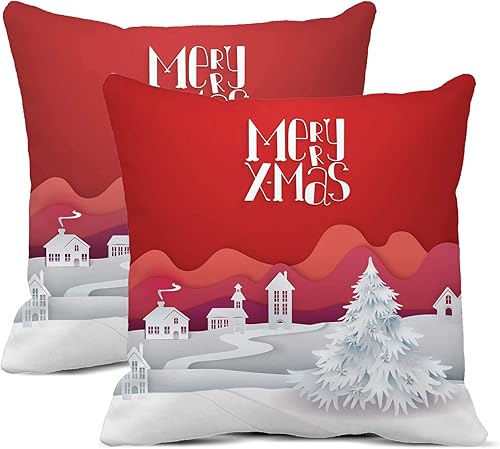 Juego de 2 fundas de almohada de 18 x 18 pulgadas con corte de papel y manualidades de paisaje invernal con casas de árboles de hoja perenne,