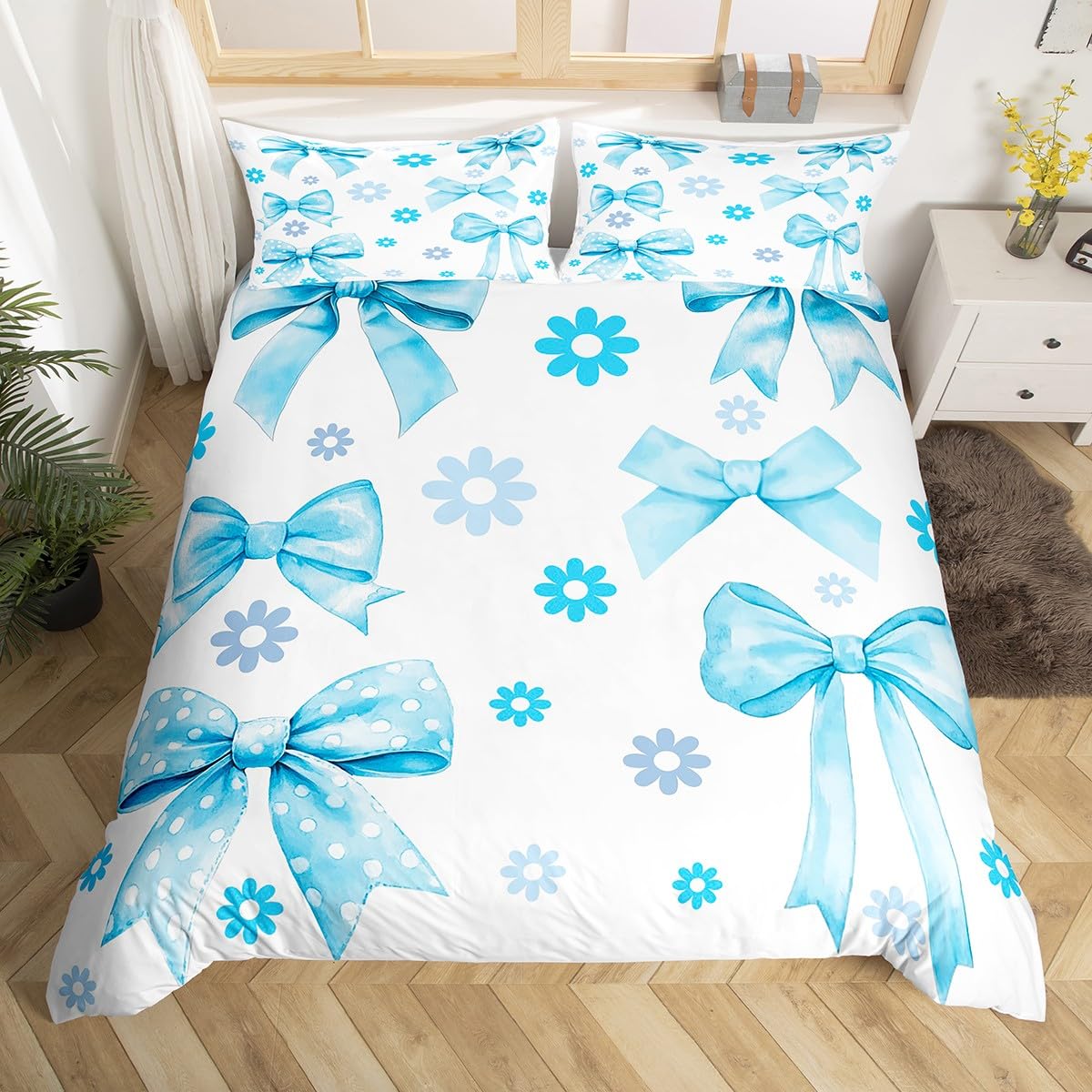 Homewish Kids Girls Blue Bow Duvet Cover Cot Size Butterfly Knot Princess Bedding Set Ultra Soft Microfiber Bowknot Bed Set Modern Preppy Dreamy Bow Tie Bed Cover Room Decor
