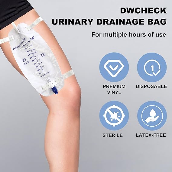 3 Pack Leg Bag Urinary Drainage Bag,1000 ml Catheter Leg Bag with 18 Tubing,Adjustable Cloth Straps,Anti-Reflux Chamber,Splash-Resistant Drain Valve,Latex-Free,Disposal