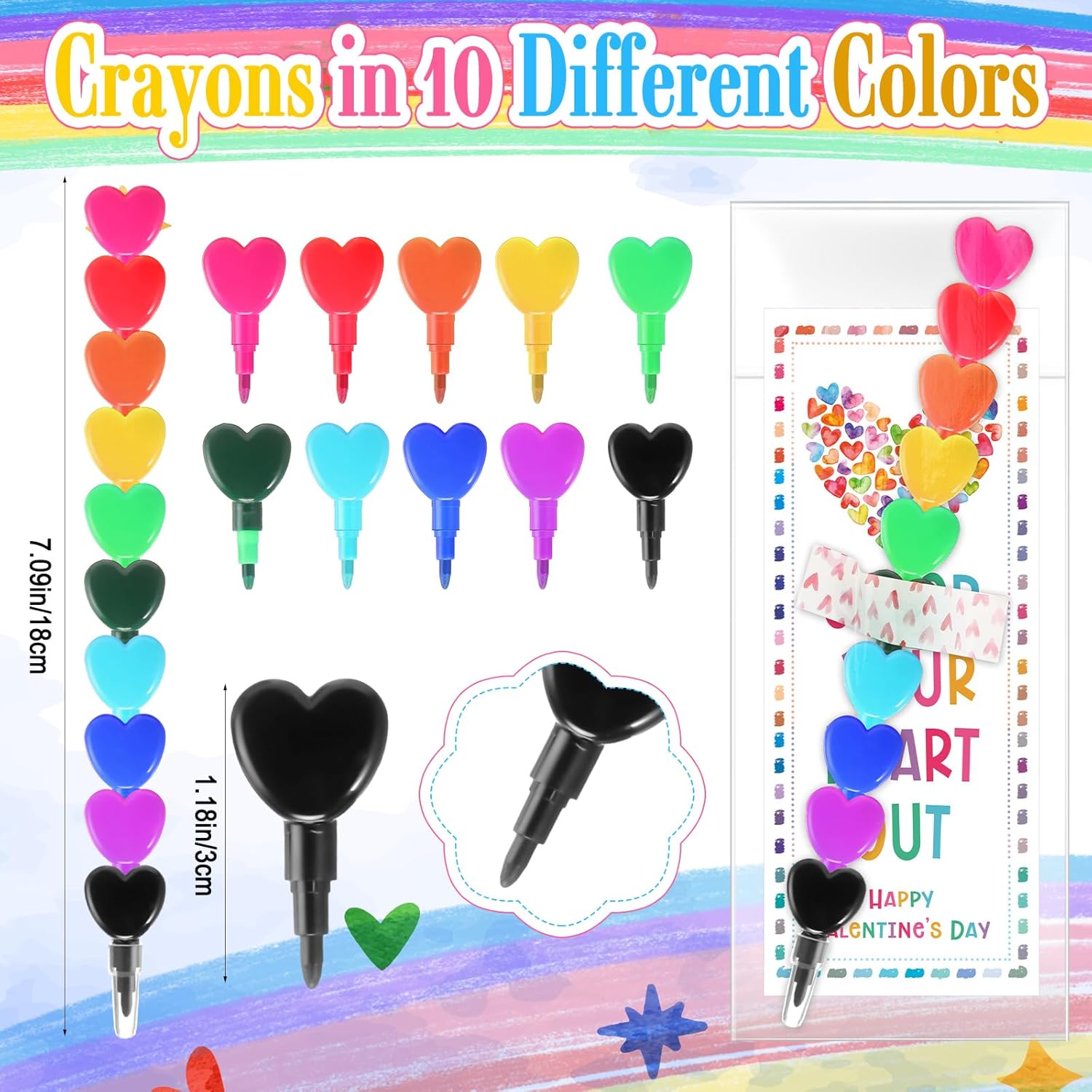 60 Sets Valentine's Day Gift for Stacking Crayons Stackable Buildable Colorful Crayon with Card Sticker School Classroom Rewards Party Supplies Gift for Student from Teachers