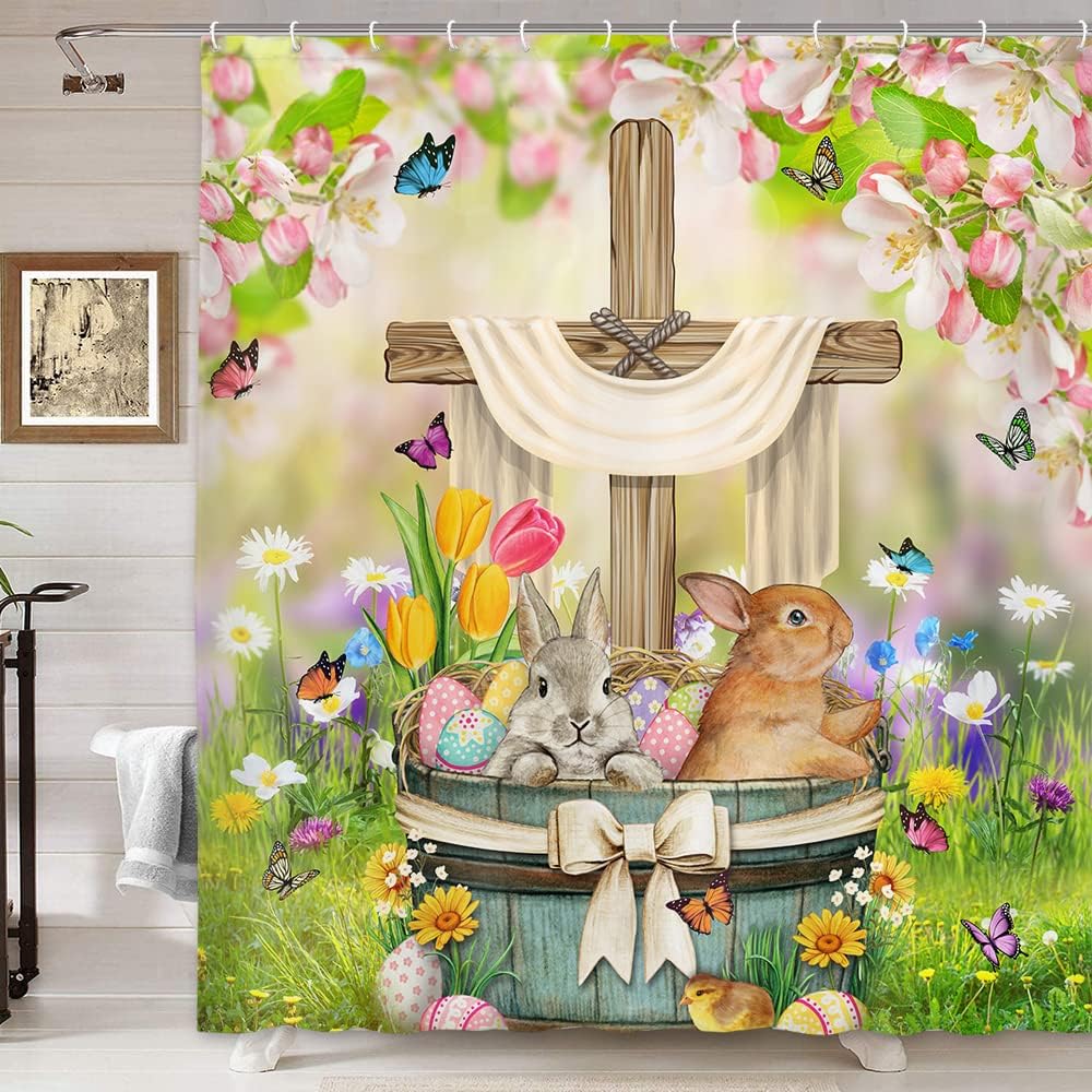 Easter Shower Curtain, Colorful Eggs Funny Bunny Rabbit